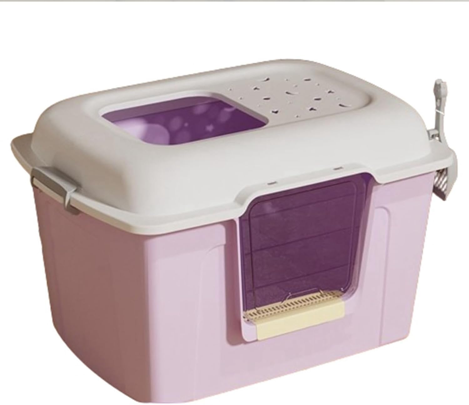 猫トイレ 大型トイレ オープンタイプ 猫用トイレ本体 ワイドサイズ スコップ付き 飛散防止 猫用品 掃除簡単 深型 ペットトイレ 多頭猫用トイレ パープル｜Funny Life 店