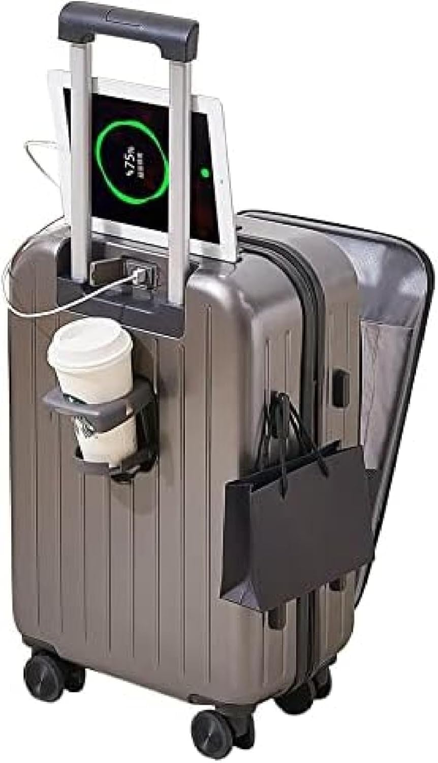 スーツケース 機内持ち込み シルバーグレー 【S サイズ】約38L 機内持込 キャリーバッグ キャリーケース 可愛い フロントオープン USBポート カップホルダー ダブルキャスター PC材質 耐衝撃
