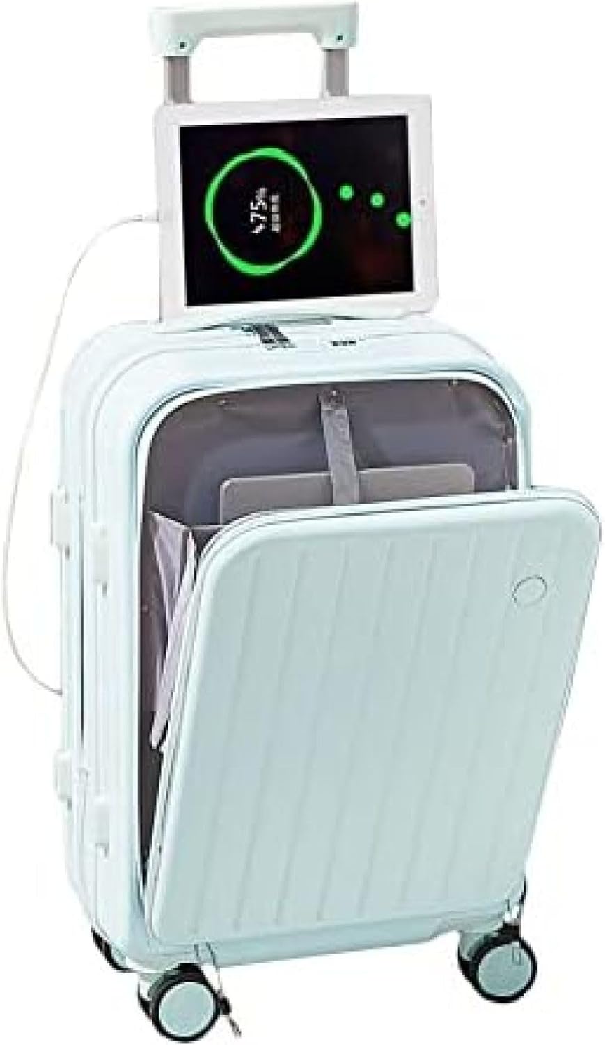 スーツケース 機内持ち込み ミントブルー 【L サイズ】約60L 託送必要 キャリーバッグ キャリーケース 可愛い フロントオープン USBポート カップホルダー ダブルキャスター PC材質 耐衝撃|Funny Life 店