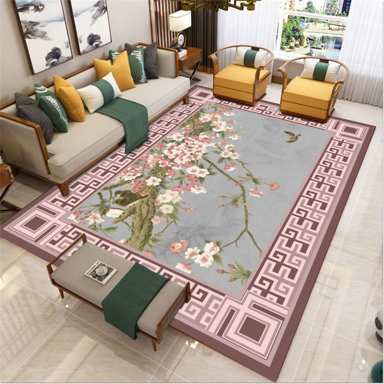 中華風 ラグマット レトロ 伝統的 花模様 鳥柄 80*120cm 田園風 カラー 絵柄 ラグ カーペット おしゃれ エレガント アンティーク ヴィンテージ 耐磨耗性 低反発 防音 玄関マット キッチ|Funny Life 店