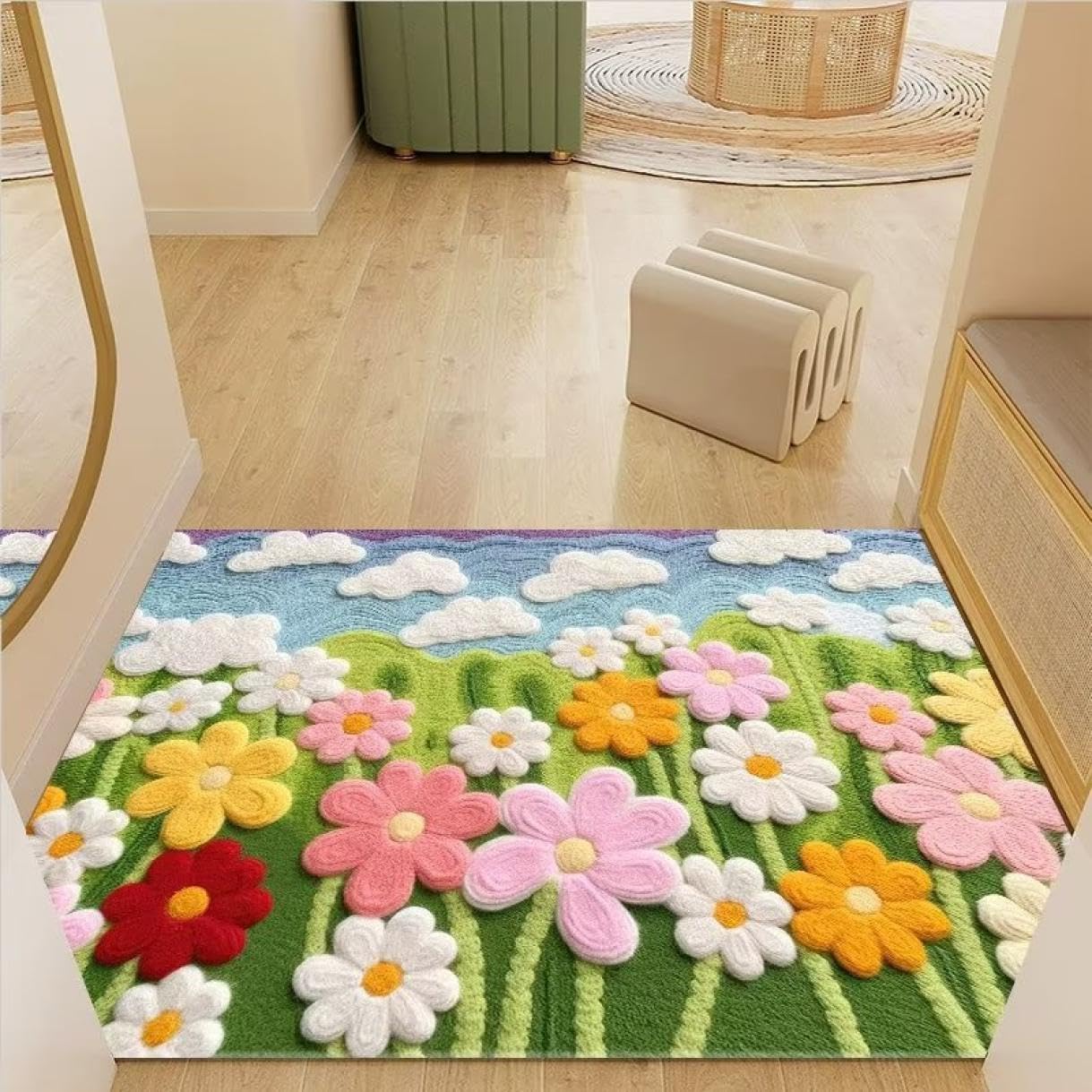 洗える 花柄 ラグ マット 80*160CM 1.5畳 滑り止め付き 耐磨耗性 床保護 敷物 防音 絨毯 2畳 長方形 カーペット 柄０６ おしゃれ モダン ナチュラル 植物柄 インテリア リビングラ