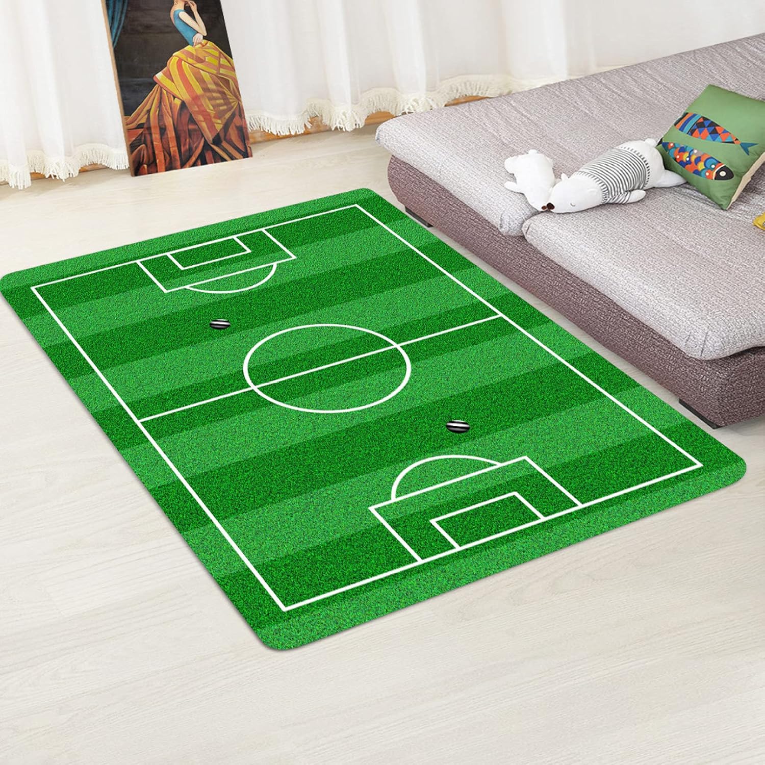 スポーツラグ サッカー フットボール 抗菌 防臭加工 床暖対応 シャギー ふわふわ キッズ 子供部屋 プレゼント 誕生日 用 ラグ 柄 ラグマット カーペット グリーン 緑色 防水 撥水 滑り止め 柔