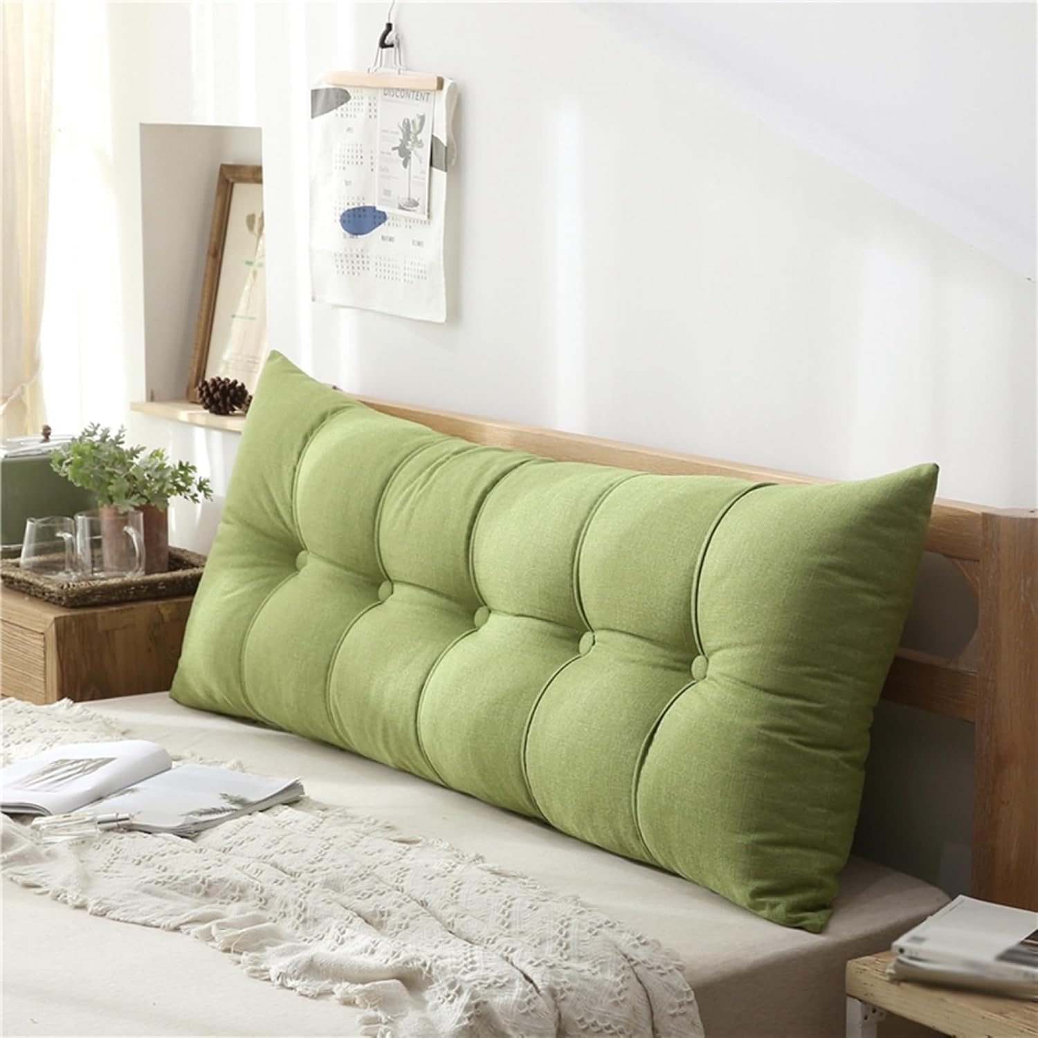ヘッドボードクッション ダブルベッド 背もたれ 60x60x20cm 和風 日系 亜麻 クッション 腰クッション 腰枕 ソフト ふわふわ 耐久性 グリーン 背中クッション 畳 ソファー 読書用クッショ