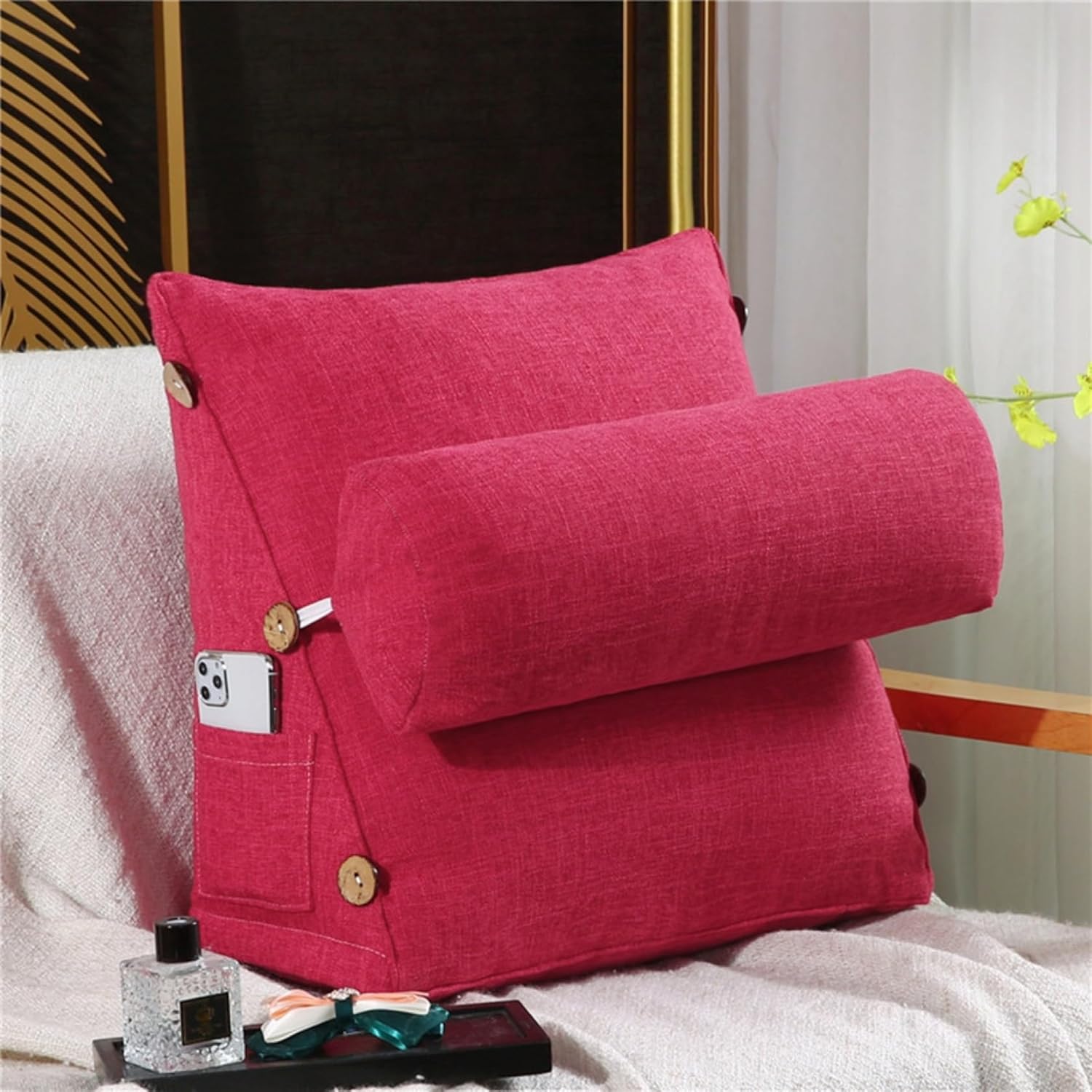 綿麻 三角クッション 45x45x20cm 背もたれクッション 枕付き 春秋冬 ポケットあり ソファ用 ベッド用 畳用 出窓用 座椅子用 座席用 腰クッション 腰枕 読書枕 自宅 オフィス 寮 リビン