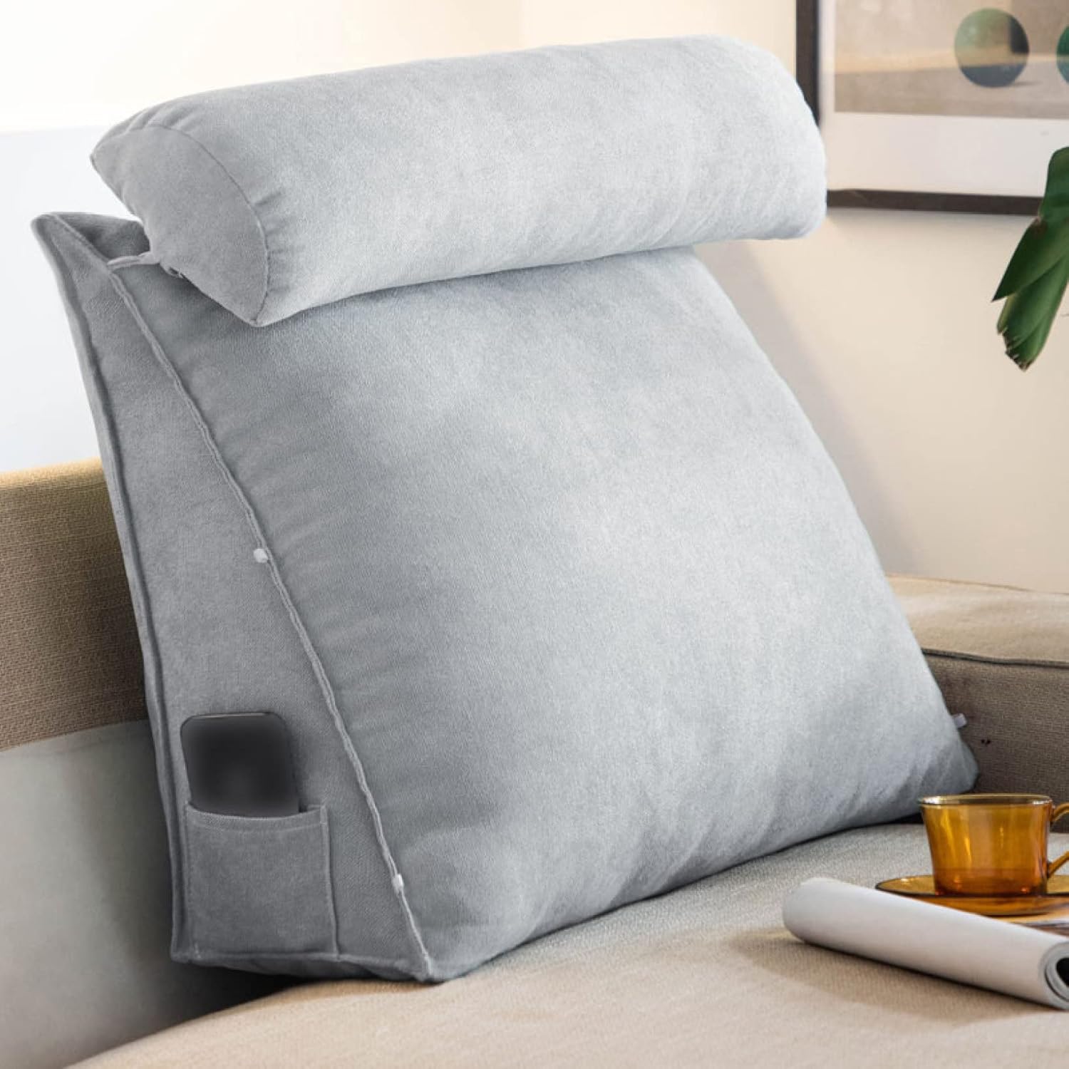 無地 グレーD 腰枕 60*50*22cm 三角形 ベッドクッション 腰保護 一人暮らし用クッション ネック枕 ソファー 大きい 背もたれクッション 取付バンド カバー洗える 三段可調節 読書用クッシ