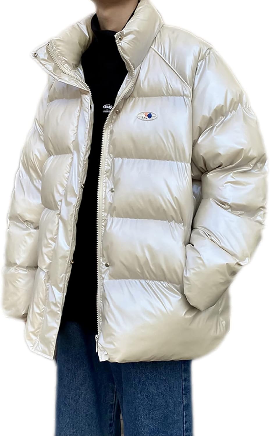 ダウンパーカー 中綿ダウンジャケット 防寒着 ジャンパー 秋冬服 オフホワイト ファスナー 撥水 メンズ XL 冬服 冬用 暖かい 柔らかい 防風 アウター 光沢感 ツヤツヤ ファッション 外套 上着