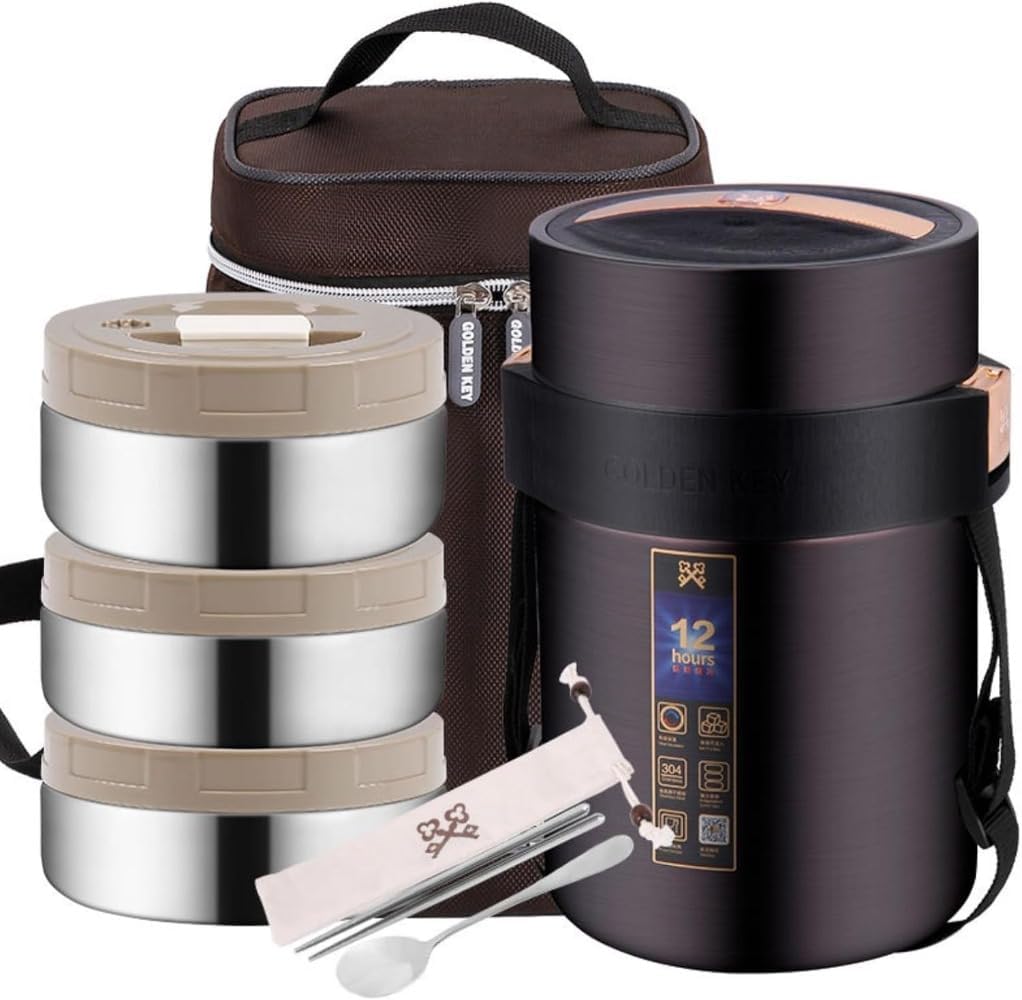 保温弁当箱 大容量 保温 ステンレス 保温ランチジャー フードジャー ポータブルお弁当箱 食器と収納バッグ付き ランチボックス フードコンテナ (B-1.8L)
