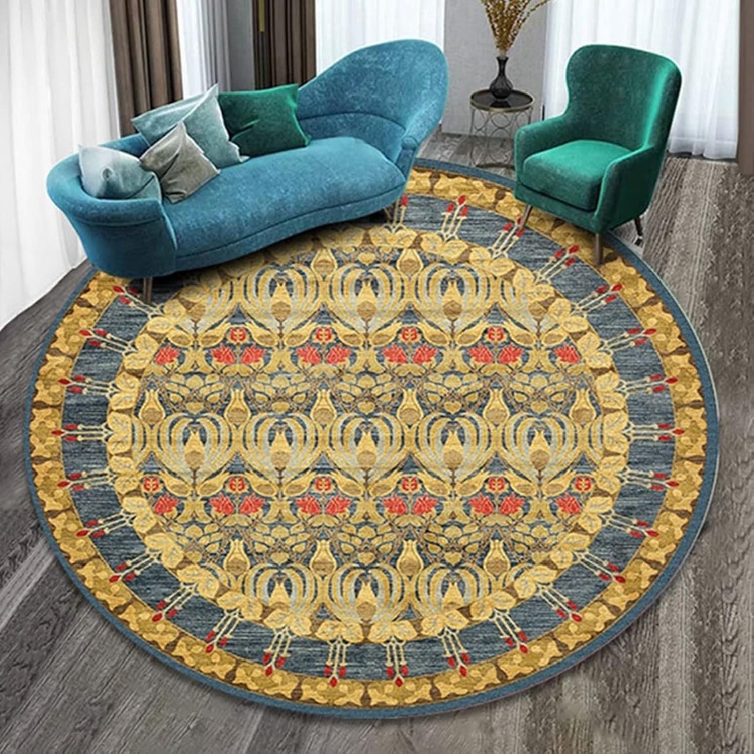 円形マット ラグ 140x140cm 洗える 汚れにくい 吸水 防音 防ダニ 耐摩耗性 エスニック ヴィンテージ 総柄 インテリア 踏み心地良い 折り畳み 丸型 オールシーズ マルチサイズ ベッドルー｜Funny Life 店