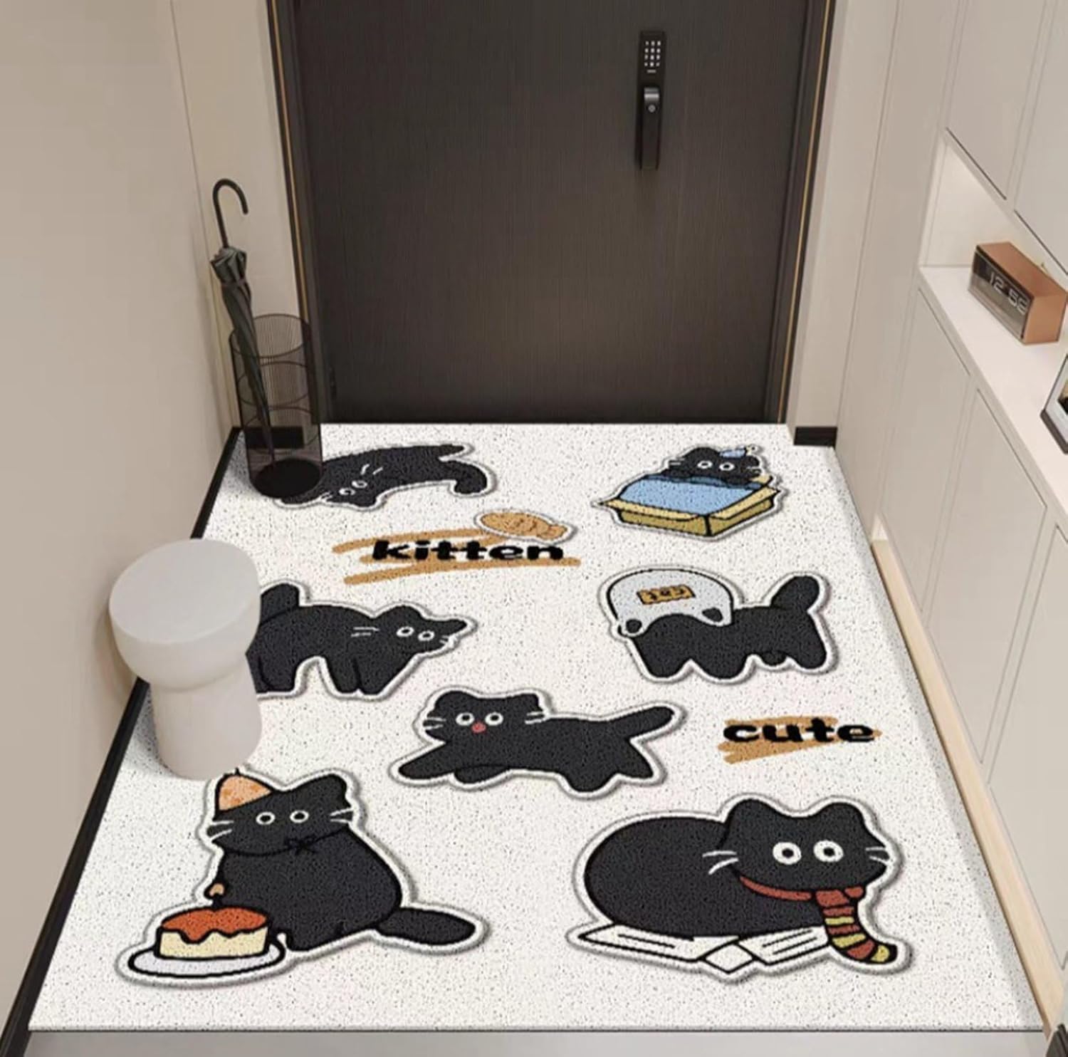 玄関マット PVC ドアマット F 縦 120*160cm 可愛い猫 泥落とし クロネコ アニメ 速乾 屋内 室内 洗面台 寝室 水洗える すべり止め 耐磨耗性 耐久性 可愛い猫 店舗用玄関マット 大