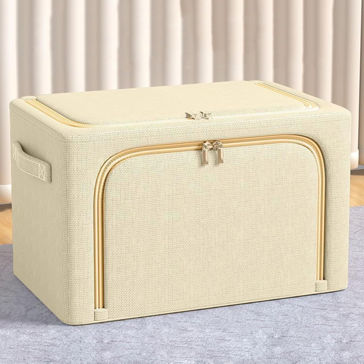 布団収納ボックス 綿麻 蓋付き 大容量 50×40×33cm 収納ケース 折りたたみ 防塵 衣類 洋服 布団 寝室 リビング 便利両開き おしゃれ 収納ボックス 取っ手付き 透明窓付き ファスナー 積