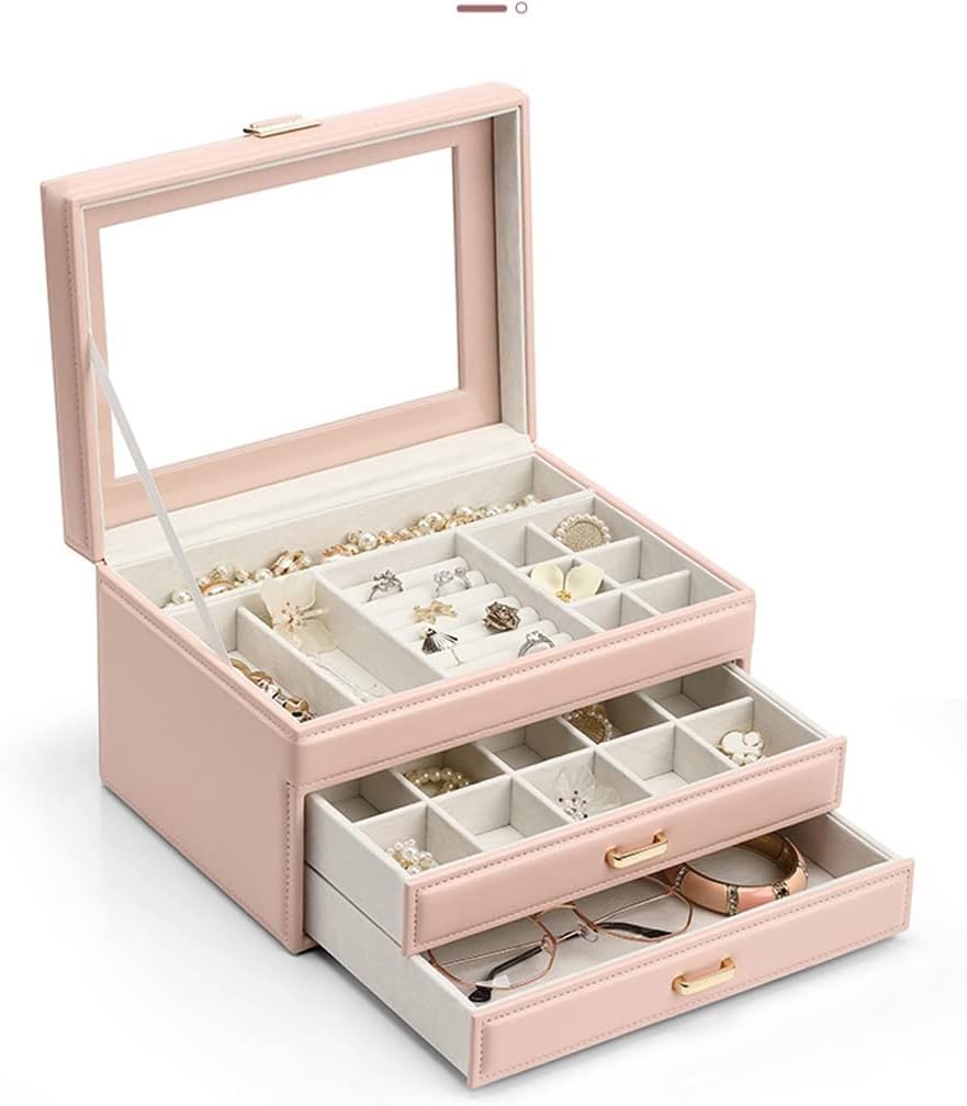ジュエリーオーガナイザー 宝飾品ボックス席 宝飾品ボックス席 3層ジュエリーオーガナイザー 抽き出し2つ付き添い人 なめし革見せびらかす 宝飾品入れもの ガールズジュエリー納める イヤリング用ギフトジュエ