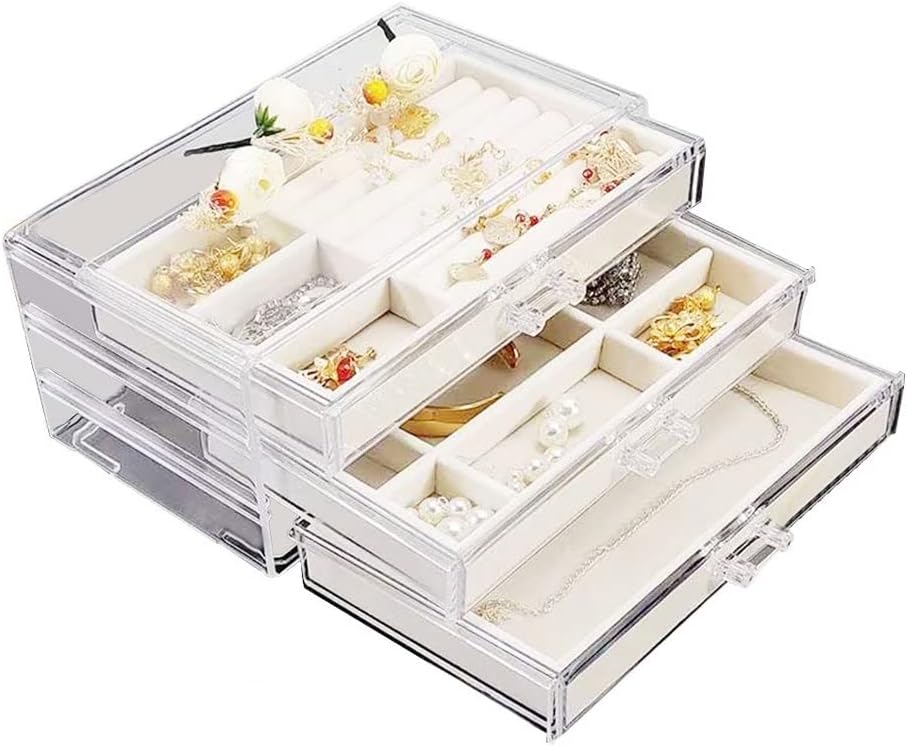 宝飾品ボックス席 澄み切った宝飾品ボックス席 アクリルベルベットジュエリー納めるボックス席 抽き出し3つ付き添い人 輪っかイヤリング 首飾り 腕輪 納める 宝飾品ボックス席 見せびらかす照明ランプ ジュ