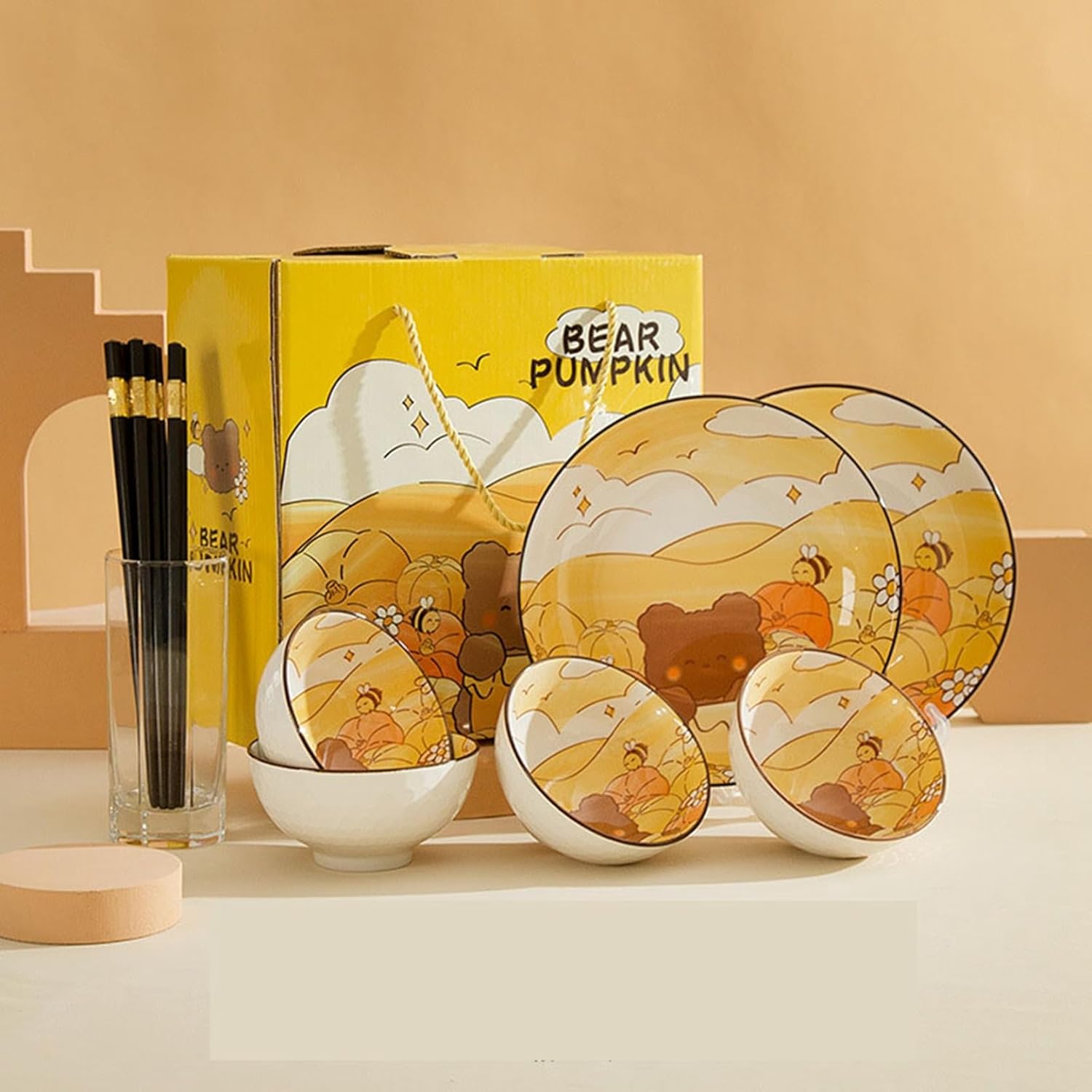 熊柄 磁器セット 食器セット 裏花柄 4人食 6人食 イエロー 可愛い ギフトボックス付き お箸付き スプーン 碗セット どんぶり 丼 小鉢 中鉢 大鉢 ごはん プレゼント 贈り物 おしゃれ 直径11|Funny Life 店