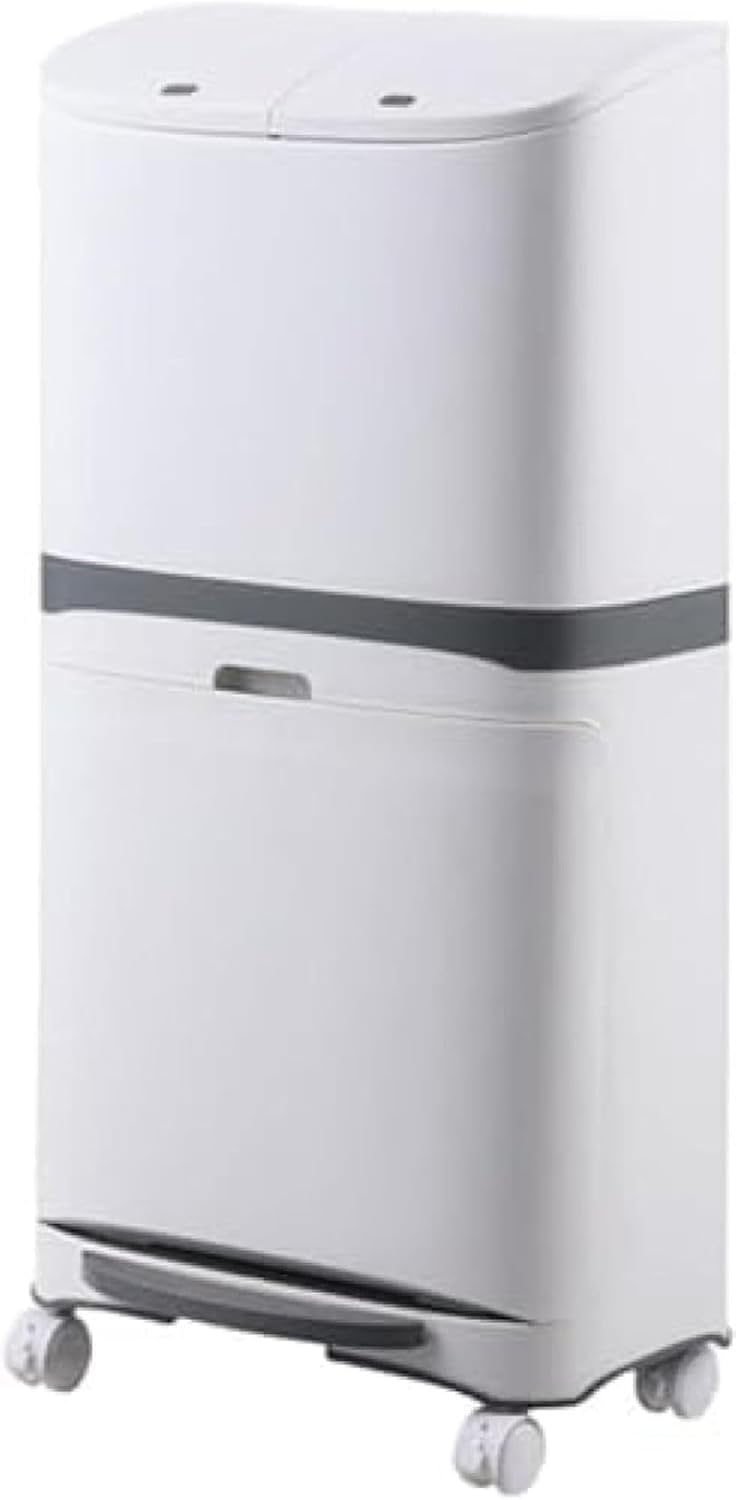 フタ付き2段分別ゴミ箱 おしゃれな前開き分別ゴミ箱 積み重ね可能 キッチン スリム シンプル 大容量 フタ付き キャビネット下縦型ゴミ箱 足踏み式 ホワイト ゴミ分別 移動が簡単 ホワイト