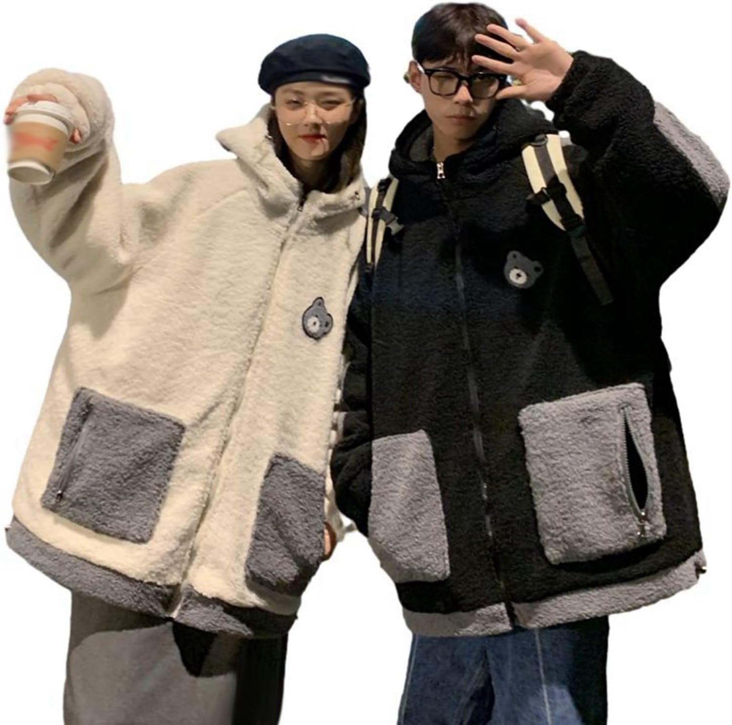 ボアパーカー ボアジャケット メンズ レディース S-5XL 黒 白 熊刺繍 フード付き 大きいサイズ ペアルック フルジップ ブルゾン 防寒 アウター コート 秋冬着 もこもこ スタジャン ジャンパ｜Funny Life 店