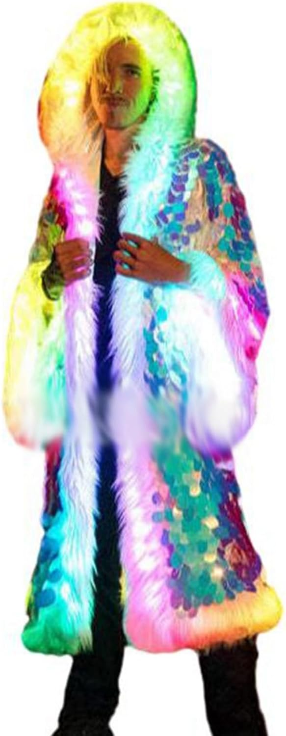 ロング丈 毛皮コート メンズ LED 発光服 スパンコール フェイクファー 長袖 フード付き 厚手 きらきら ファージャケット トップス 大きいサイズ 防寒 オーバーコート 個性 カジュアル カッコイ