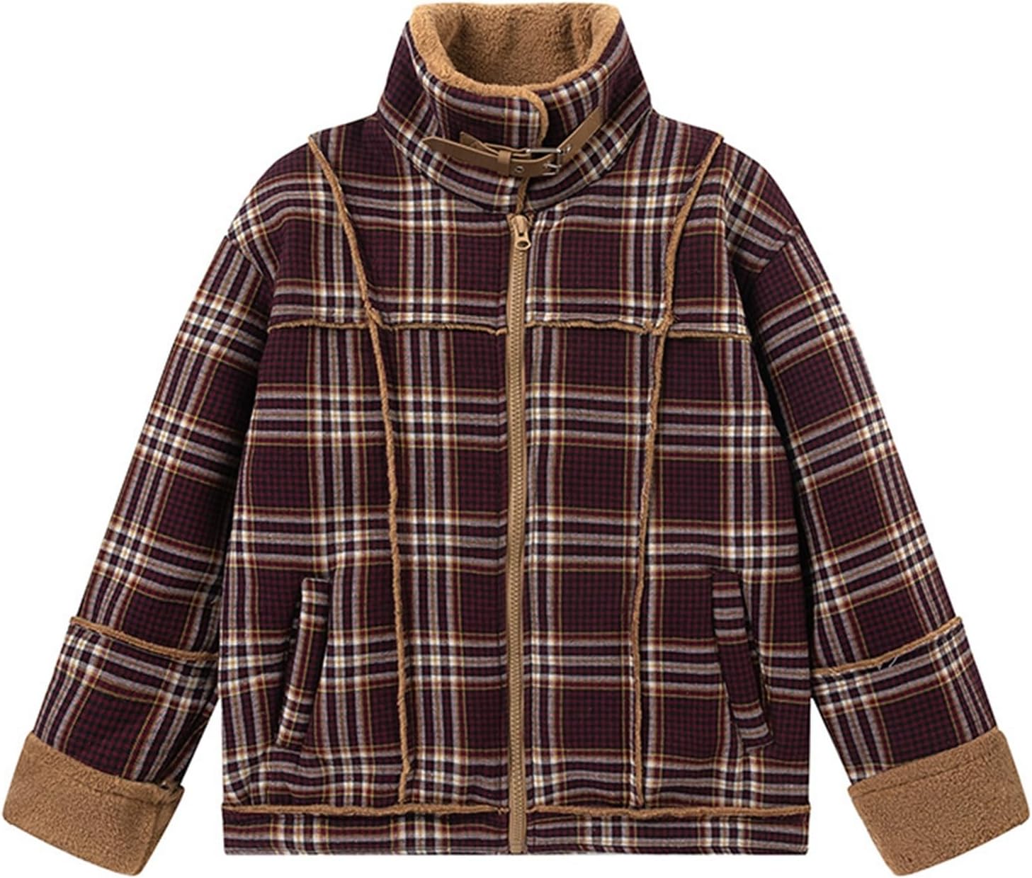 ボアジャケット チェック柄 フリース ブルゾン メンズ メンズ ハイネック 防寒服 冬服 秋用 裏起毛 もこもこ ジャンパー スタジャン 暖かい 厚手 アウトドア カジュアル オフィス 通学|Funny Life 店