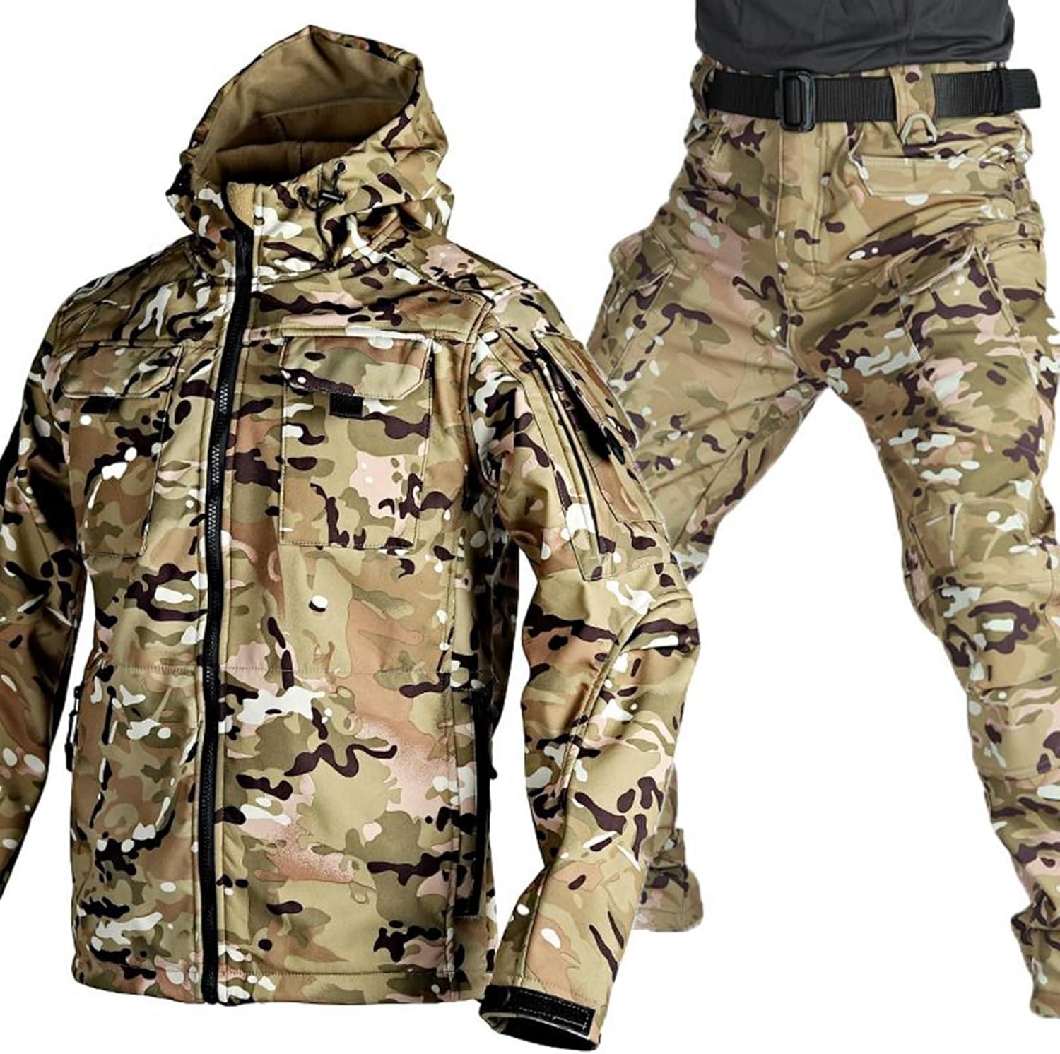 上下仕かける ミリタリー上衣 ソフトシェルジャケット せめぎ合う服 メンズ ボンネット付き添い人 サバゲー 御勤め服 変装柄 撥水産業 防風 マルチ衣嚢 自衛隊 正規陸軍 タクティカル風 心地よい アウトドア