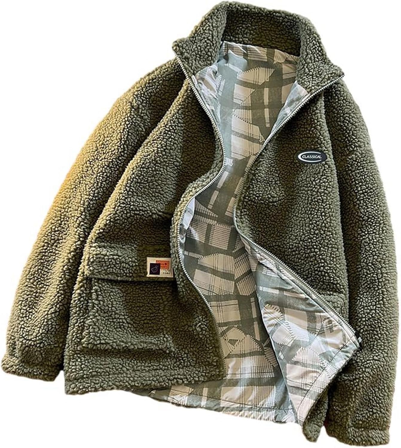 メンズ ボアブルゾン フリースジャケット 裏にチェック柄 コート 秋冬服 厚手 ウインドブレーカー ジャンパー 裏起毛 モコモコ 体型カバー 着痩せ カジュアルアウター 防寒着