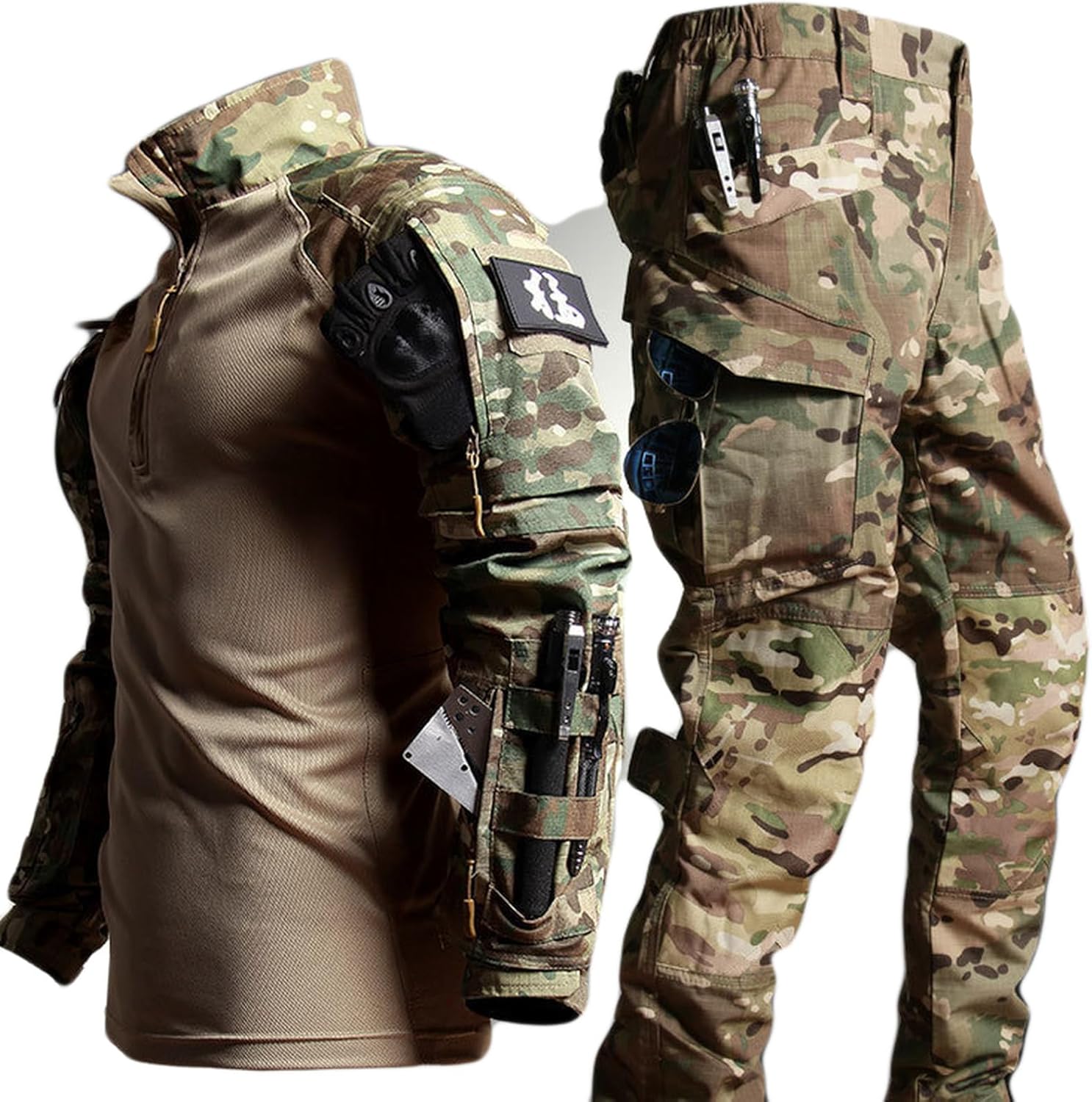 メンズ コンバットシャツ ミリタリーパンツ サバゲー 作業着 上下 セット デジタル迷彩 戦闘服 ストレッチ 耐久性 マルチポケット タクティカル風 カジュアル アウトドア 修理工場 ワーク