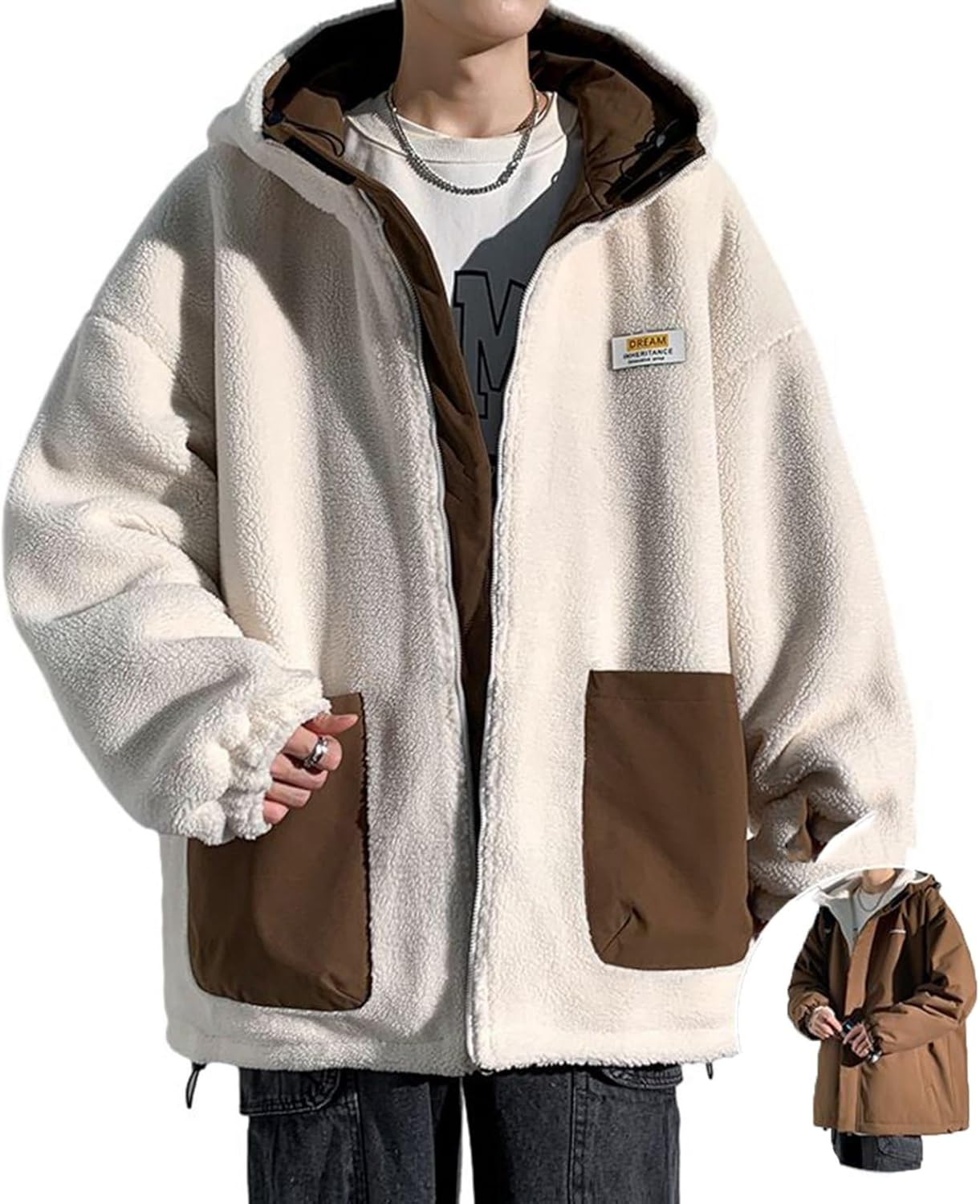 ボア上衣 リヴァーシブル 両面着 メンズ上衣 ボンネット付き添い人 アウター フルジップ ゆったり 冬服 秋着 落っこちる肩先 遊撃手丈 アウター 保温 ふわふわ トップス ユニ一発やる