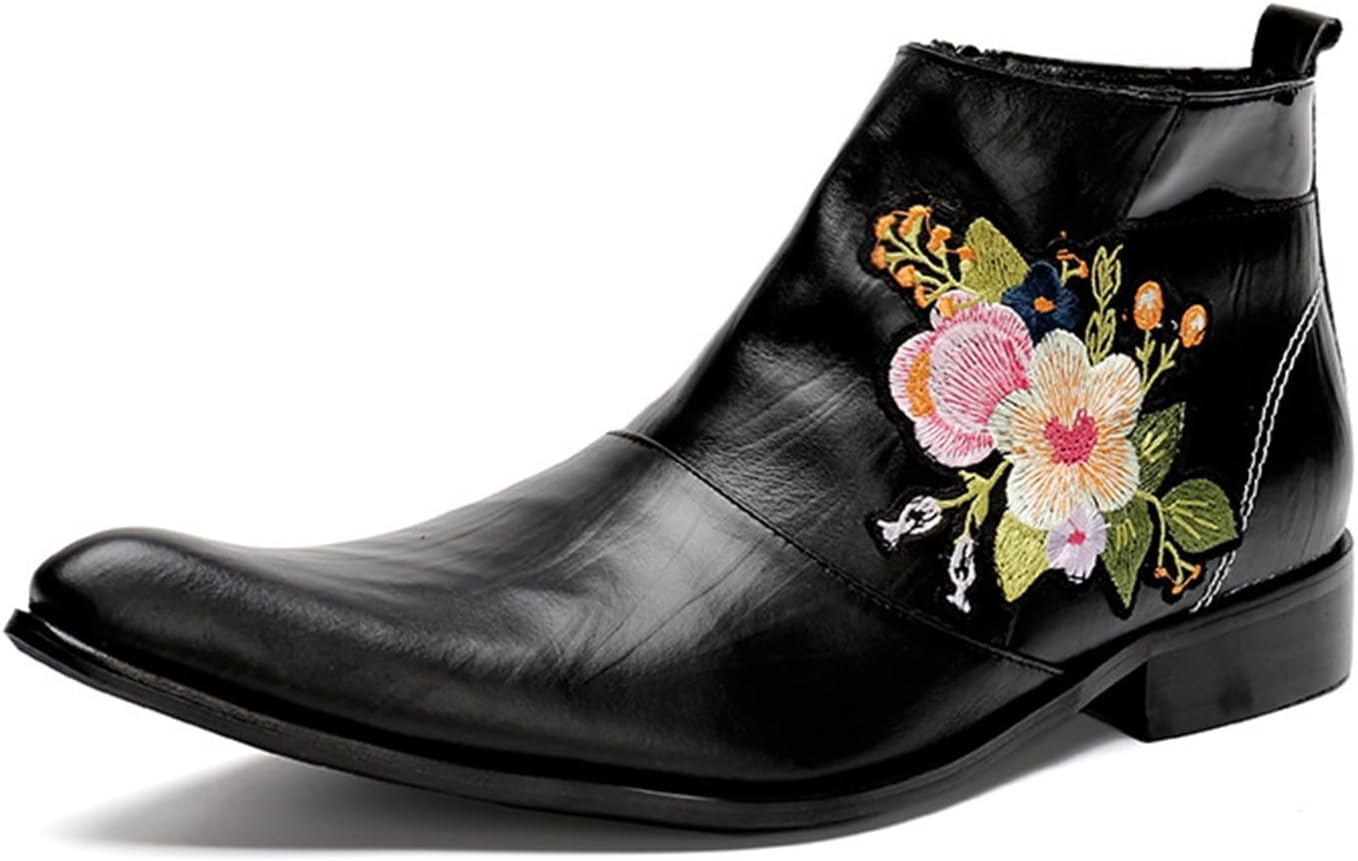 チェルシーブーツ メンズ 刺繍 花柄 大きいサイズ ショートブーツ ポインテッドトゥ サイドジップ ロングノーズ 秋冬靴 軽便 コンフォート レザー 耐久性 着脱便利 滑り止め ビジネス 本革
