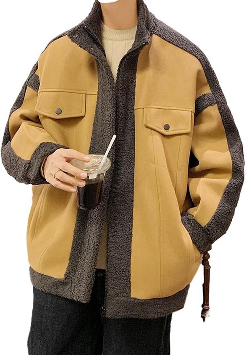 ボアブルゾン フリースジャケット 裹起毛 ジップアップ メンズ 切り替え 防寒服 秋冬用 コート ベイクドカラー もこもこ ショート スタジャン ジャンパー 保温 厚手 カジュアルコート アウトドア