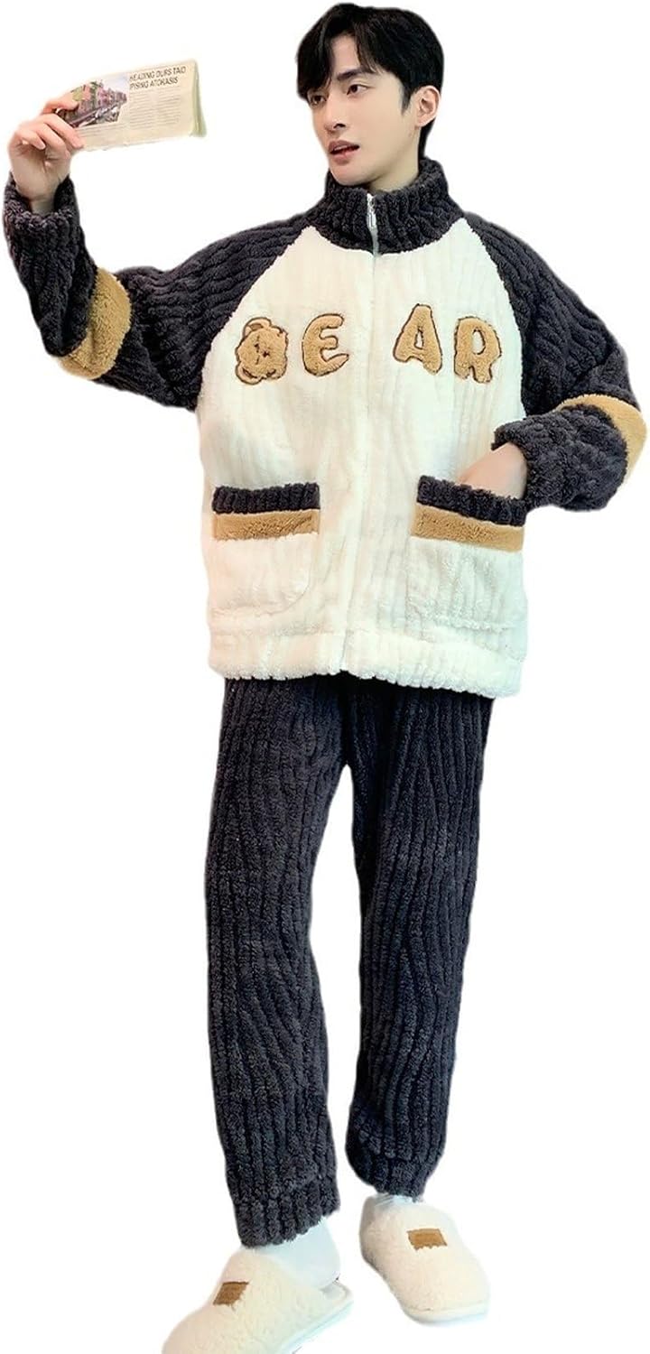 ジップアップ 冬 パジャマ メンズ 立ち襟ルーウェアセット ネル フリース カジュアル L-3XL 秋冬 もこもこ 男女兼用 保温 もふもふ 寝巻き 上下セット ゆったり 家着 ホームウェア 寝やすい｜Funny Life 店