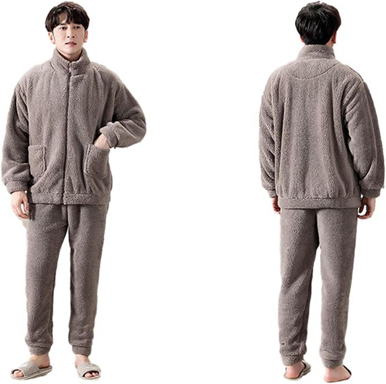 ジップアップ 冬 パジャマ メンズ L-3XL もこもこ ルームウェアセット 立ち襟 フランネル 寝巻き コーラルフリース 保温 ふわもこ ふんわり 無地 紳士 カジュアル 部屋着 厚手 暖かい 大き