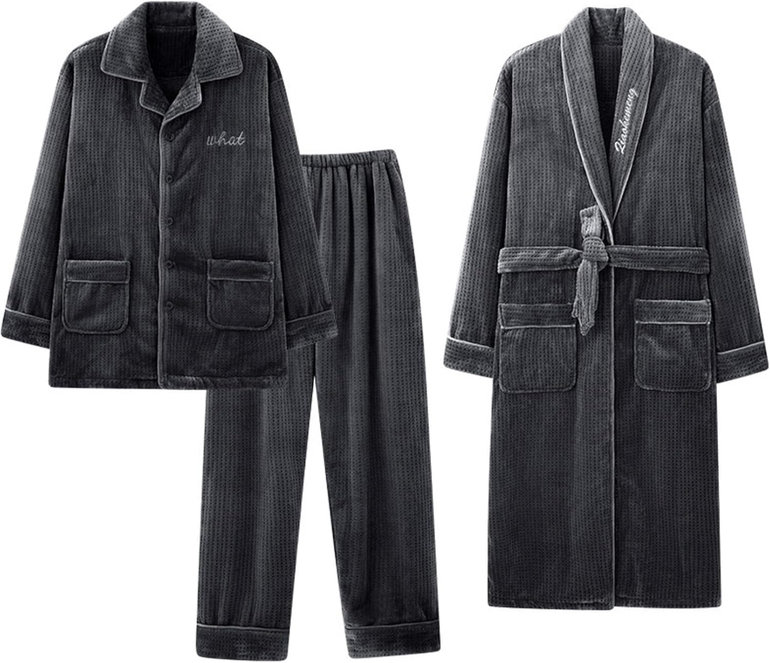 フランネルパジャマ 3点セット ナイトガウン ルームウェア メンズ 紳士 L-4XL 長袖 大きいサイズ 冬用 もこもこ ボアフリース ふわふわ 前開き 寝巻き ナイトウェア ゆったり 保温 厚手 ネ