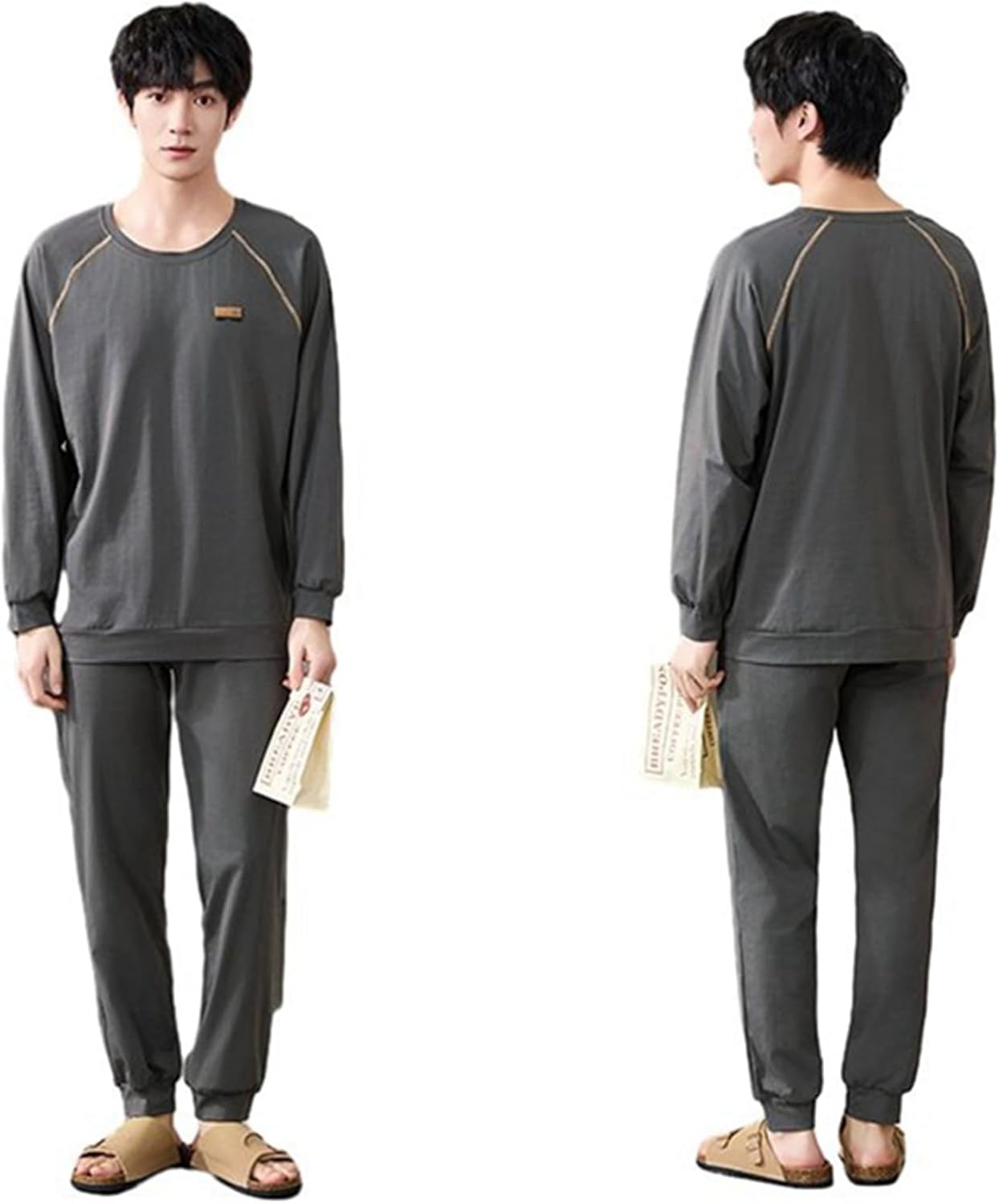 綿100 パジャマ メンズ ルームウェア ラウンドネック プルオーバープル 長袖 L-3XL Tシャツ ジャージ 二点セット カジュアル 無地 快適 吸汗 通気 吸湿 敏感肌 大きいサイズ ゆったり