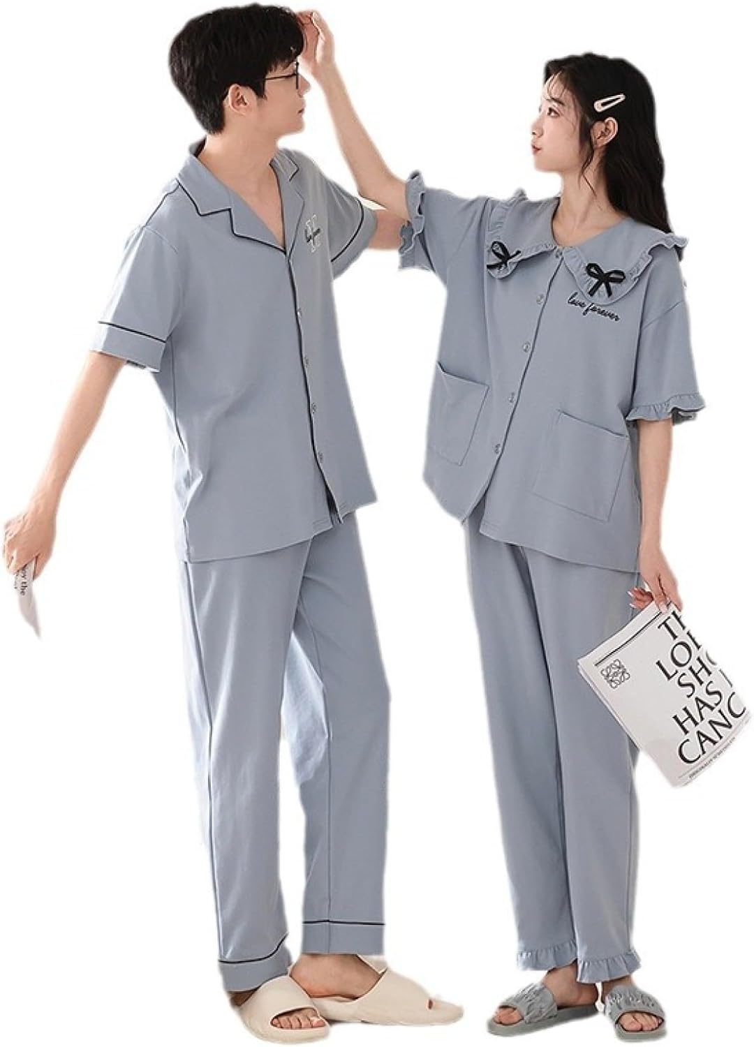 半袖 ペア パジャマ 綿100 ルームウェアセット ロングパンツ 前開き 可愛い カジュアル 寝巻き ナイトウェア 敏感肌 部屋着 快適 吸汗 通気 ソフト 便利服 快眠 春 夏 秋 結婚祝い 贈り物|Funny Life 店