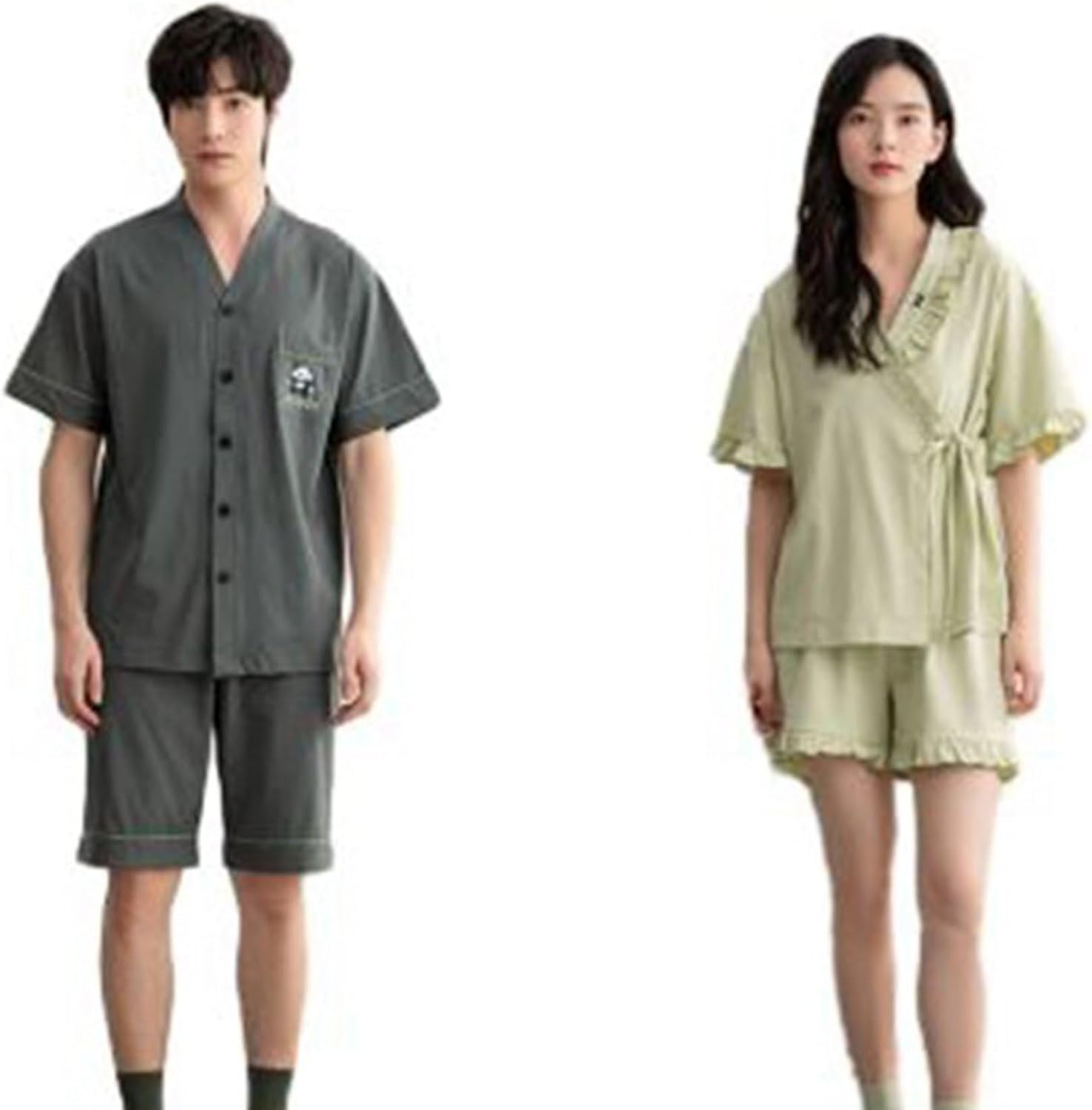 夏 ルームウェア 半袖 レディース メンズ ペアパジャマ 部屋着 カップル 綿100 前開き 短パン 上下セット 涼しい 薄手 通気 吸湿 柔らかい 寝間着 お出掛け 大きいサイズ 敏感肌 64001