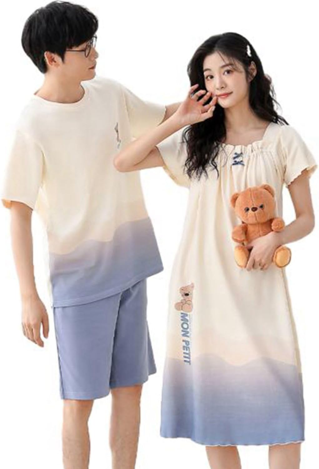 ペア 夏 寝巻き メンズ ルームウェア 半袖 レディース パジャマ ルームワンピース Tシャツ 短パン 快適 吸汗 通気 ゆったり 便利服 快眠 部屋着 ナイトウェア 便利服 薄手 ひんやり 涼しい|Funny Life 店