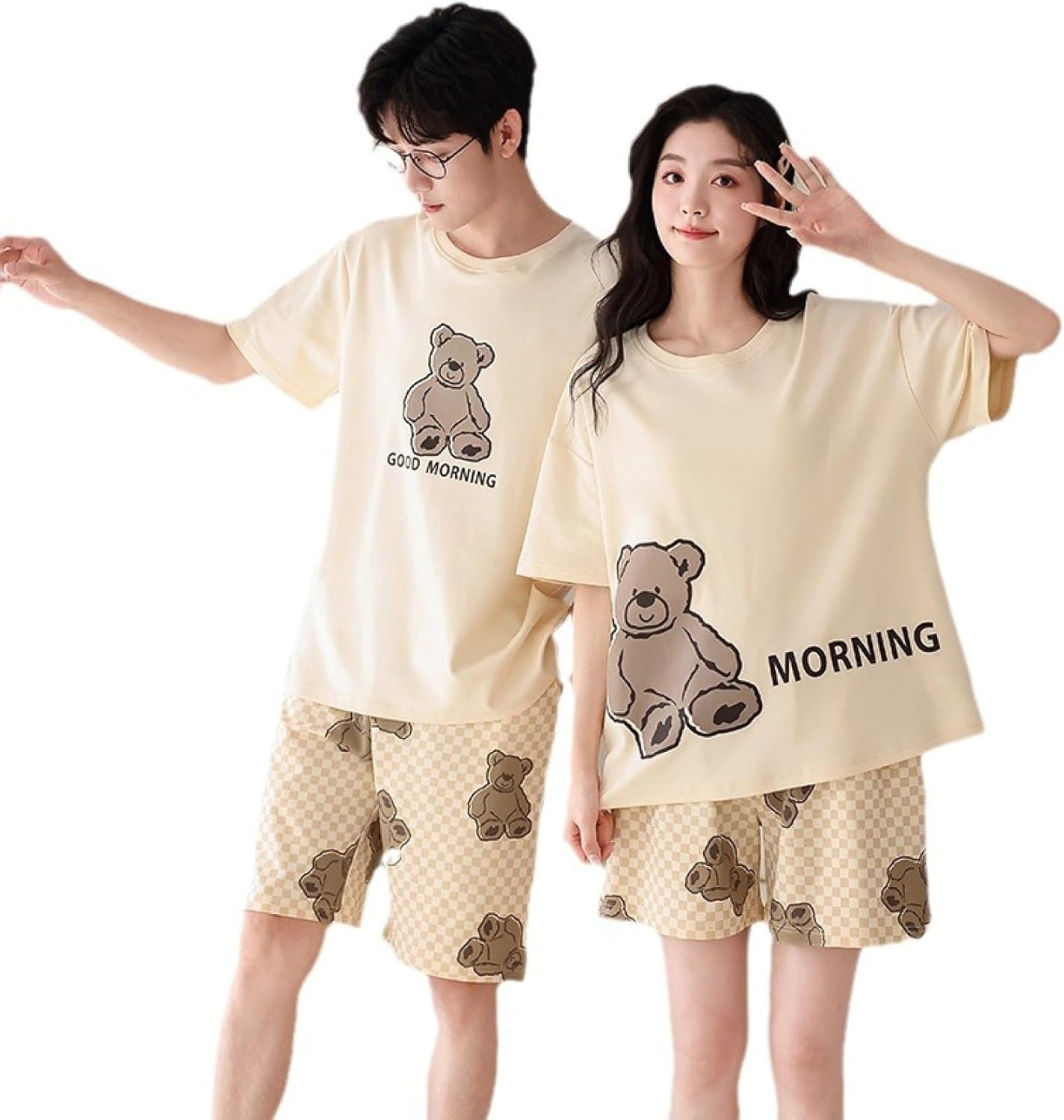 ペア パジャマ 綿100 半袖 Tシャツ クマ柄 寝間着 短パン 二点セット メンズ レディース 通気 吸湿 便利服 夏 ルームウェア 可愛い 寝巻き カジュアル ゆったり 男女兼用 プルオーバープル｜Funny Life 店