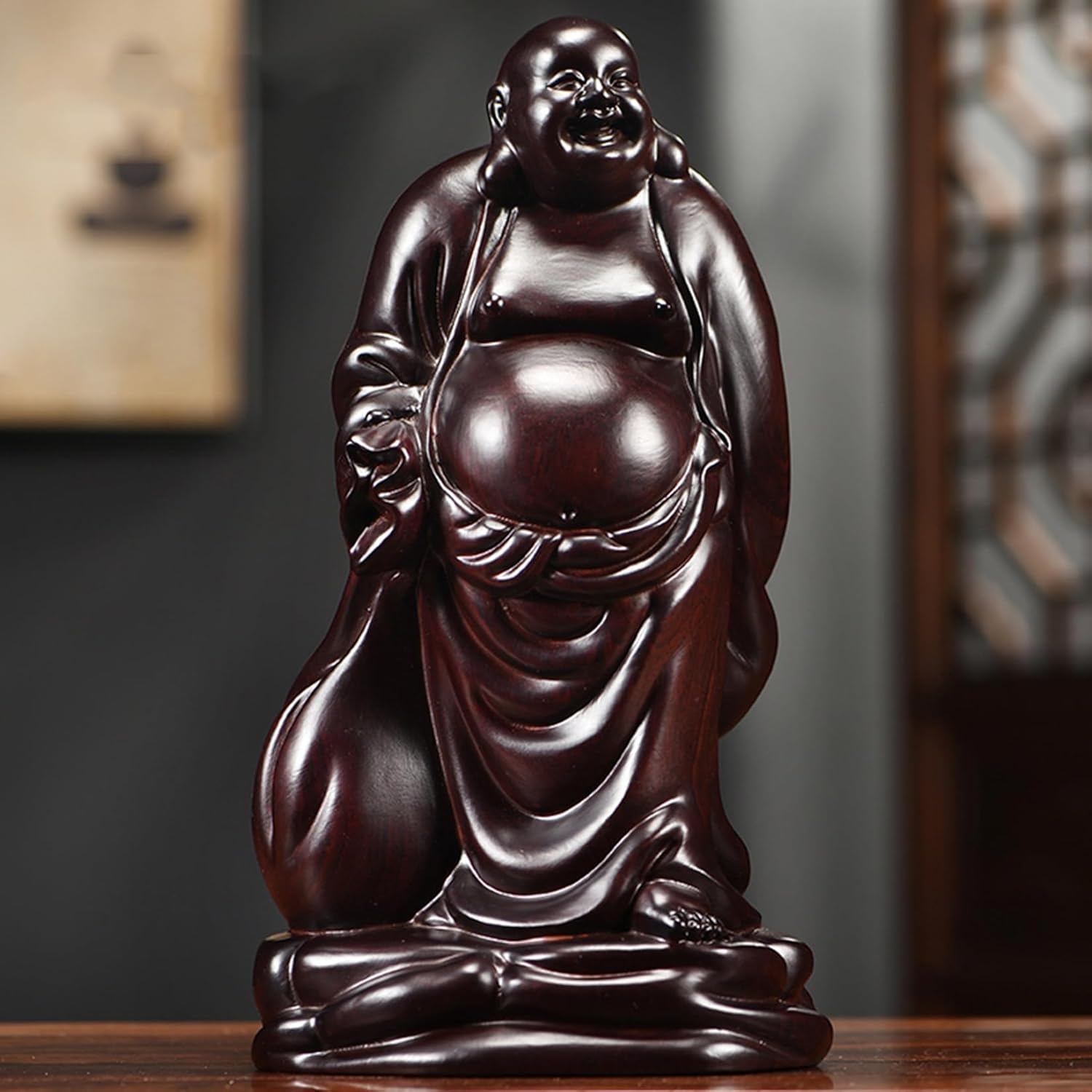 木彫り 弥勒 弥勒仏 布袋尊 風水グッズ 布袋様 弥勒様 置物 笑い仏像 招財 縁起物 彫刻 風水アイテム 金運アップ 商売繁盛祈願 繁栄 開運グッズ 財運 開店祝い 起業 ギフト オフィス 黒檀L