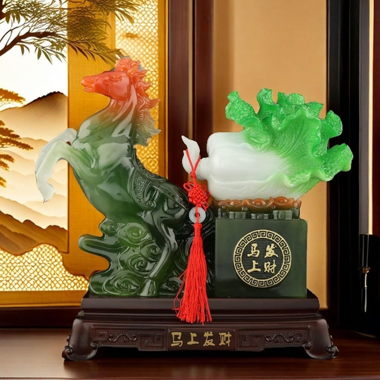 馬 置物 白菜 風水グッズ 金運祈願 商売繁盛祈願 樹脂製 財運 招福 開運グッズ インテリア雑貨 台座付き 富と幸運 成功 風水アイテム オーナメント お祝い 新築祝い 引っ越し オフィス 墨玉色