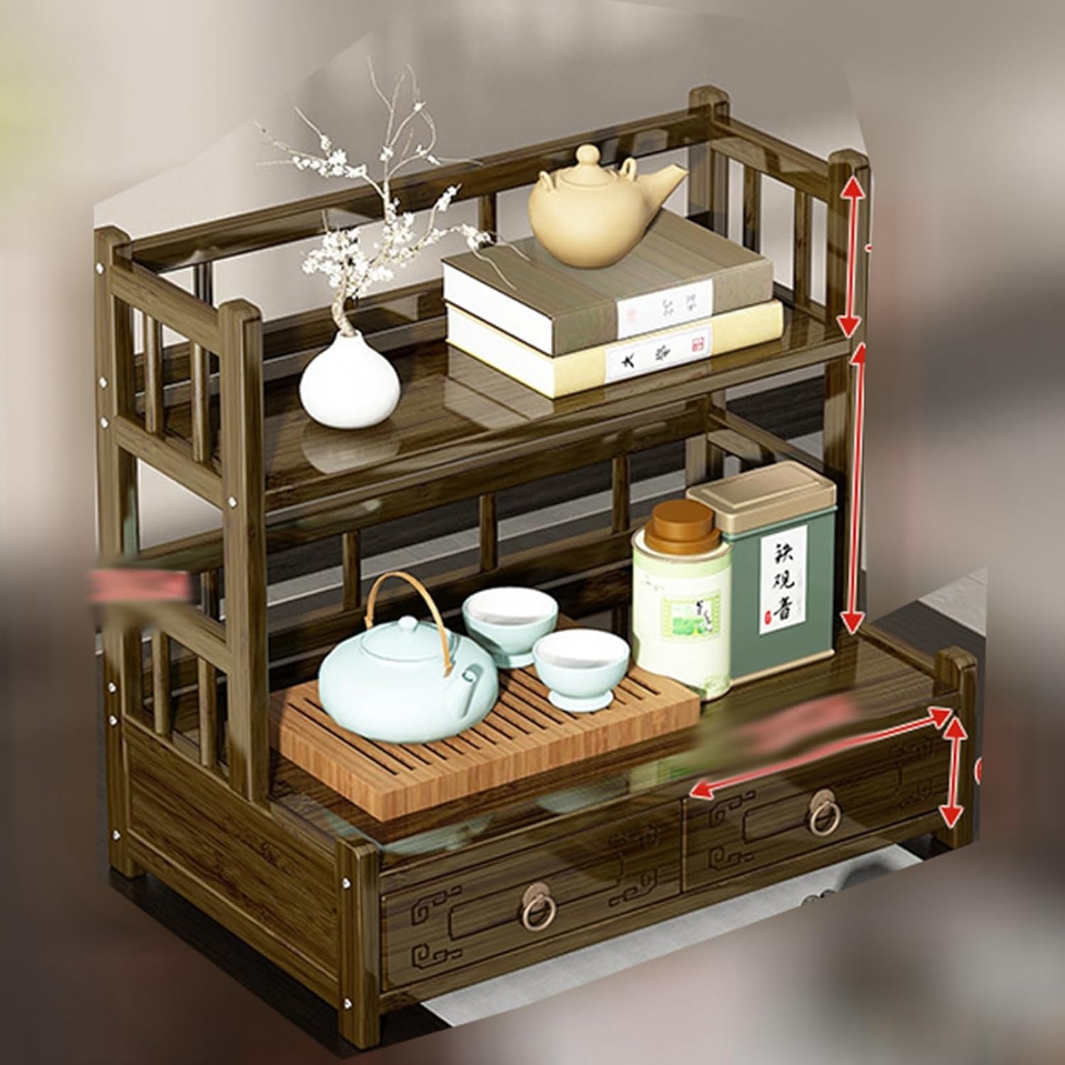 木製棚 ティーポット納める棚 抽き出し付き添い人 部屋の入り口付き添い人 卓上納める 小物納める ティーカップホルダー 茶器納める棚 小物ボックス席 茶屋 納める棚 白木仕合わせ 紅茶御盆 オブジェ 納める調度品 茶器飾 執務室
