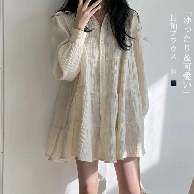 【楽天市場】ゆったり おしゃれ 体型カバー カジュアル ギャザー ロング丈 折襟 プルオーバー 前開き ボリューム バルーン袖 カットソー ...