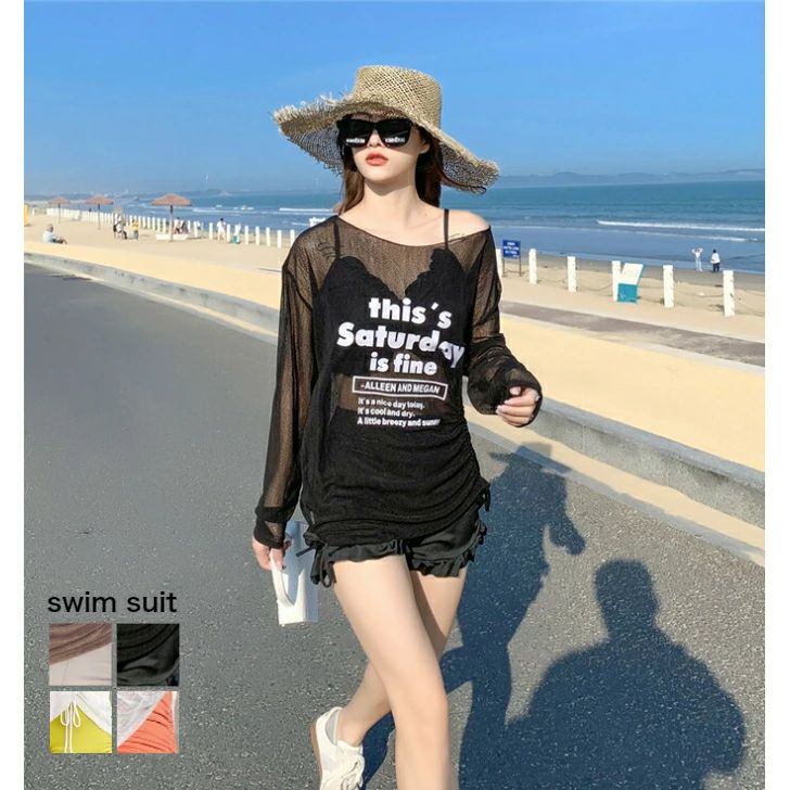 韓国 フリル プール 海水浴 夏 体型カバー マスタード ブラウン オレンジ 黒 タンキニ スポーティー 20代 10代 3点セット ラッシ 4,486円