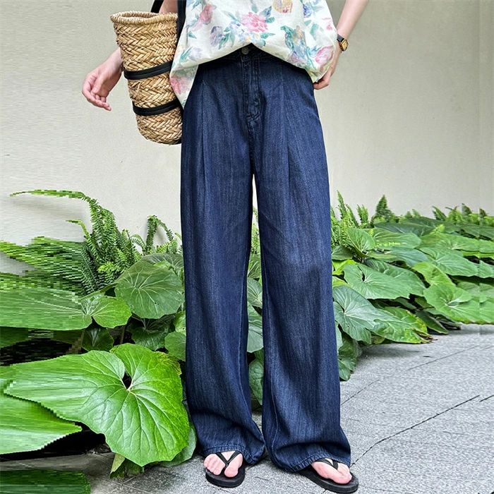 デニムパンツ レディース ワイドパンツ ウエストゴム デニム 綿混 接触冷感 春 夏 ひんやり UVカット 無地 薄手 涼しい ロング丈|東洋SHOP
