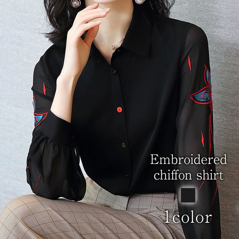 ブラウス レディース 刺繍シフォンシャツ フリル ブランド きれいめ スーツ ワンピース 長袖 カットソー 冬 Tシャツ ノーアイロ