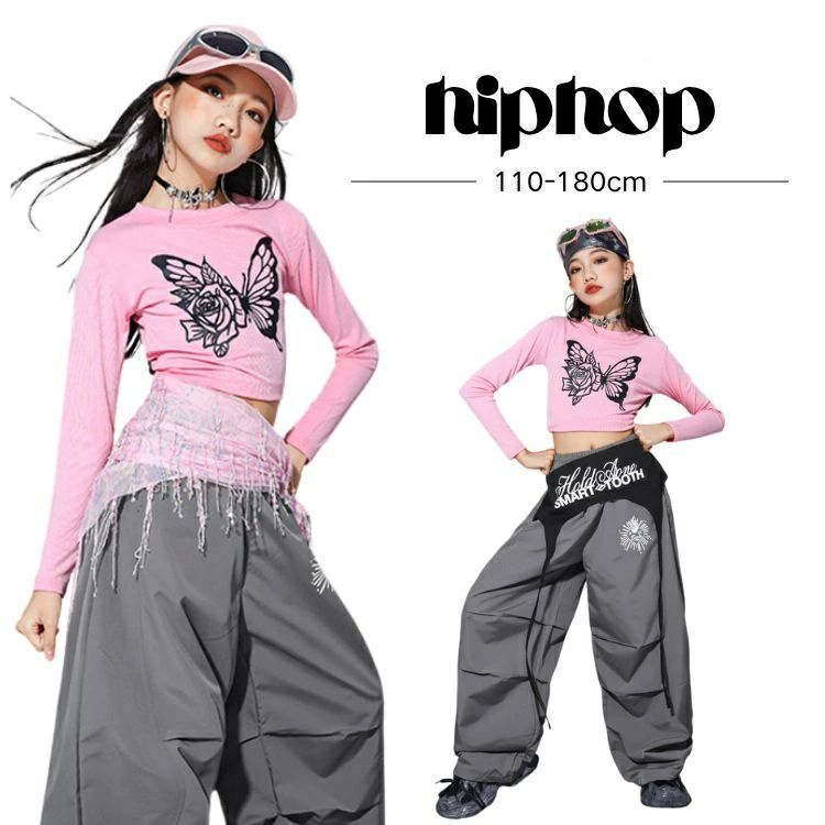 バラ柄 へそ出す フリンジ ギャル キッズ ダンス 衣装 セットアップ トップス スカート 長袖 カーゴパンツ ガールズ ショート