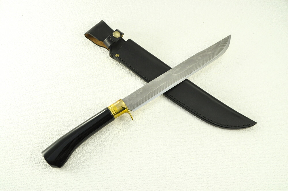 土佐鍛剣鉈黒艶有漆) 270DM15青2 両刃 金管楽器 黒皮容れもの【豊国作】★国産 剣鉈 晶之作 土佐切り手  ソロ 難民キャンプ アウトドア 山登り 狩り立てる ★