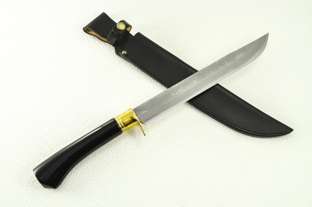 土佐鍛剣鉈黒艶有漆 275DM15青2両刃 全曇 金管楽器 黒皮容れもの【豊国作】★国産 剣鉈 晶之作 土佐切り手  ソロ 難民キャンプ アウトドア 山登り 狩り立てる ★