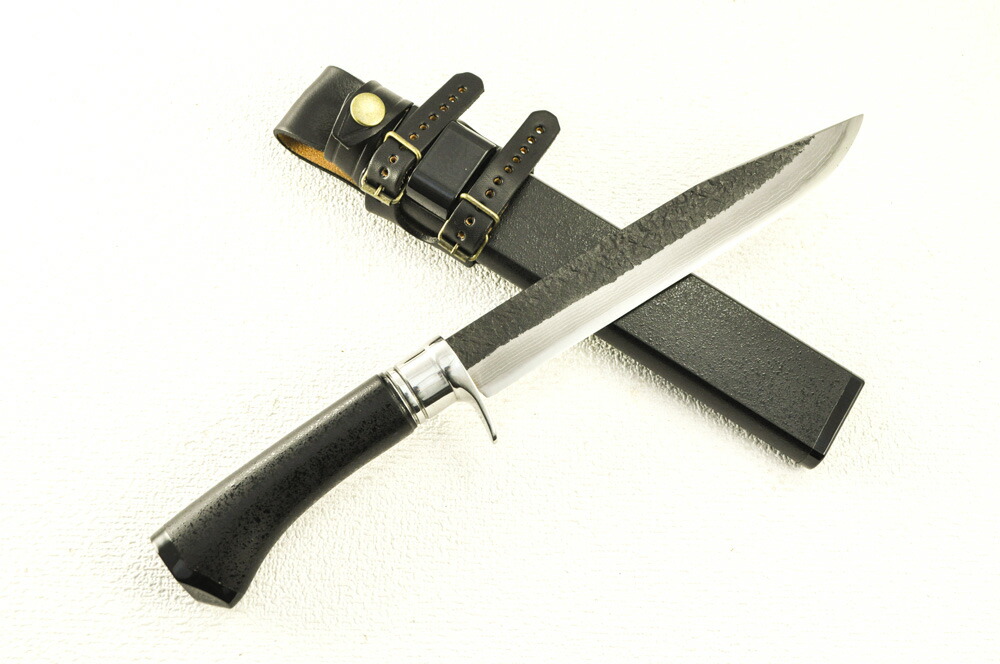 【鍛冶師/漆職人コラボ企画】014土佐剣鉈 210 ダマスカス15青2 両刃 黒槌 漆塗：黒石目/柄鞘【訳有/　展示品入替　鞘傷有】【ノークレム ノーリターン：本条件承諾の上購入】 ★剣鉈 土佐刃物 アウトドア 狩猟 ナイフ★