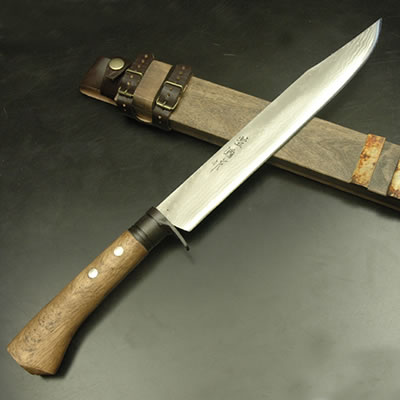 【予約販売】【豊国作】土州鍛刀 (猟)240～300mm ダマスカス15層青2鋼 全曇 黒ツバ輪 洋樫オイルステン 木鞘オイルステン皮バンド★国産 和鋼 和式刃物 剣鉈 土佐打刃物 アウトドア キャンプ 狩猟 有害駆除★