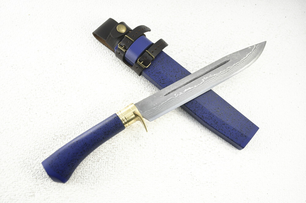 【予約注文30-45日】【侍BLUE剣鉈 青黒チラシ漆拵】侍剣鉈230 dm15青2　 全曇 真鍮ツバ　木鞘/柄　漆塗(青艶消黒石目)　【晶之作】 ★剣鉈 土佐刃物 アウトドア 狩猟 ナイフ★