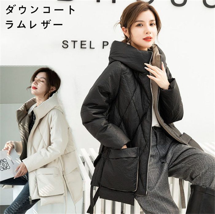 【新品発売継続期間制限事項特価】なめし革厚地の外套 並み並み丈 落ち込む厚地の外套 ラムレザーコート 本革 落ち込む 羊革厚地の外套 レディースアウター ボンネット付き添い人 レディース厚地の外套 並み並み丈落ち込む上衣 冬防寒 アウター 貨物輸送無料