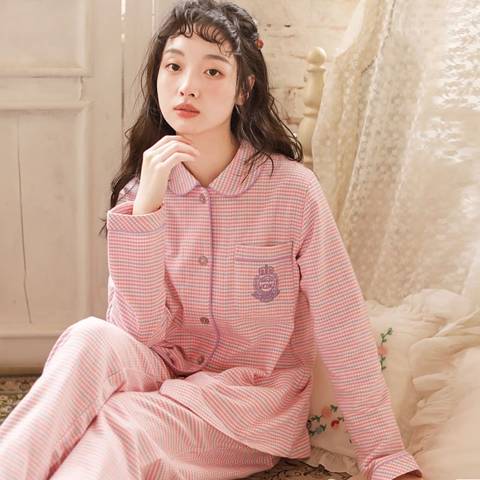【新品発売期間限定特価】長袖 女性用 寝間着 パジャマ 綿 前開き チェック 可愛い レディース セットアップ 寝巻き 厚手 春 秋 部屋着 冬 婦人 保暖 おしゃれ 上下セット 暖かい かわいい 大きいサイズ ルームウェア｜ドリームペット